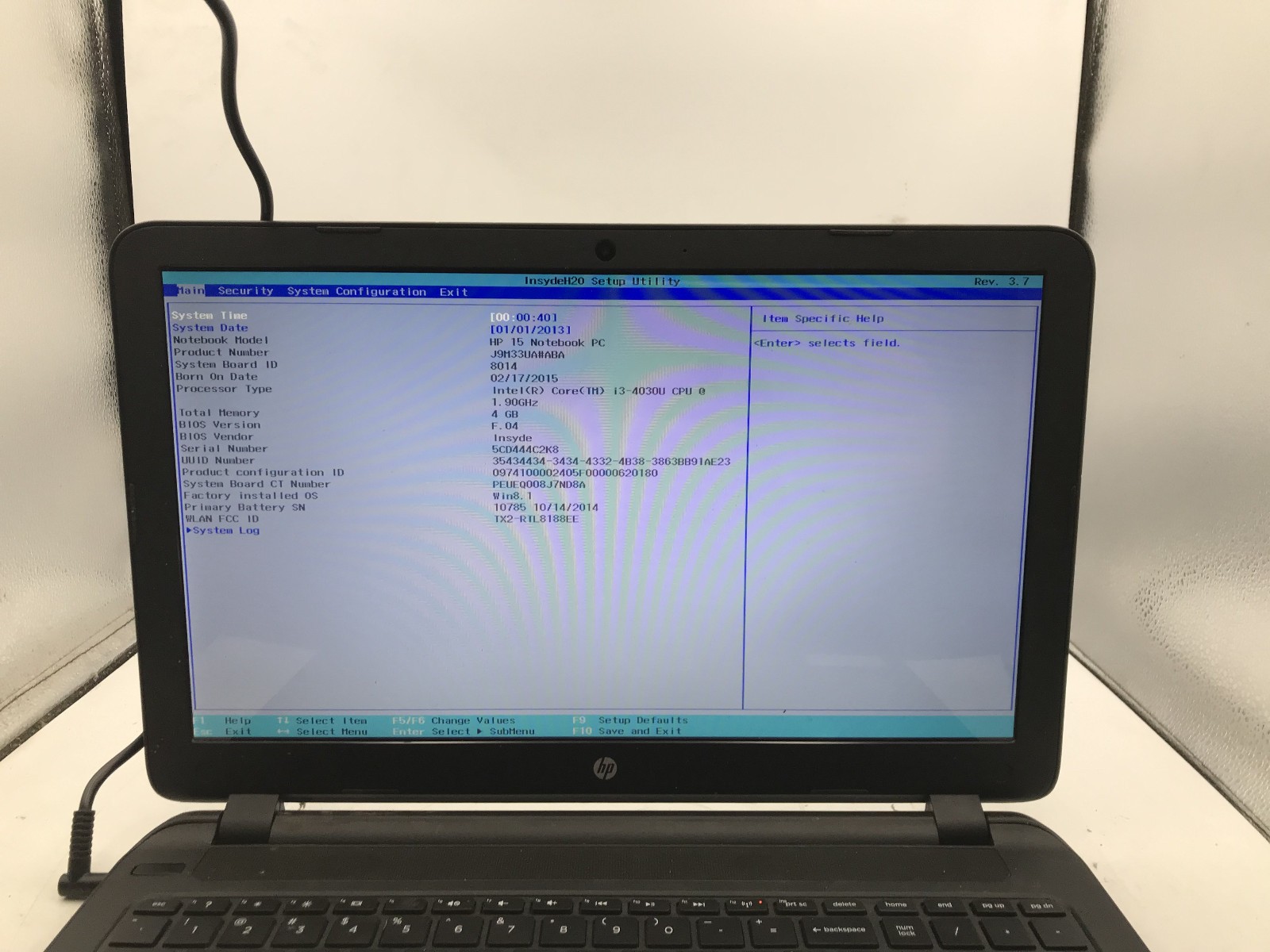 HP 15 F019DX – BOOTS TO BIOS – INTEL I3 4030U – NO RAM – NO OS – READ DESC – BB!