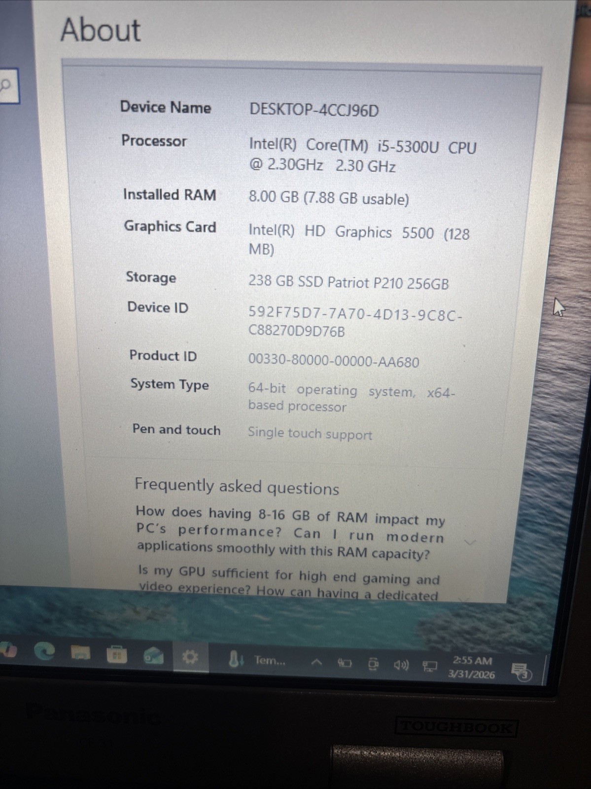 Toughbook CF-31 CF-311H27KM Rugged Laptop – 8GB/256GB – Win10 Pro