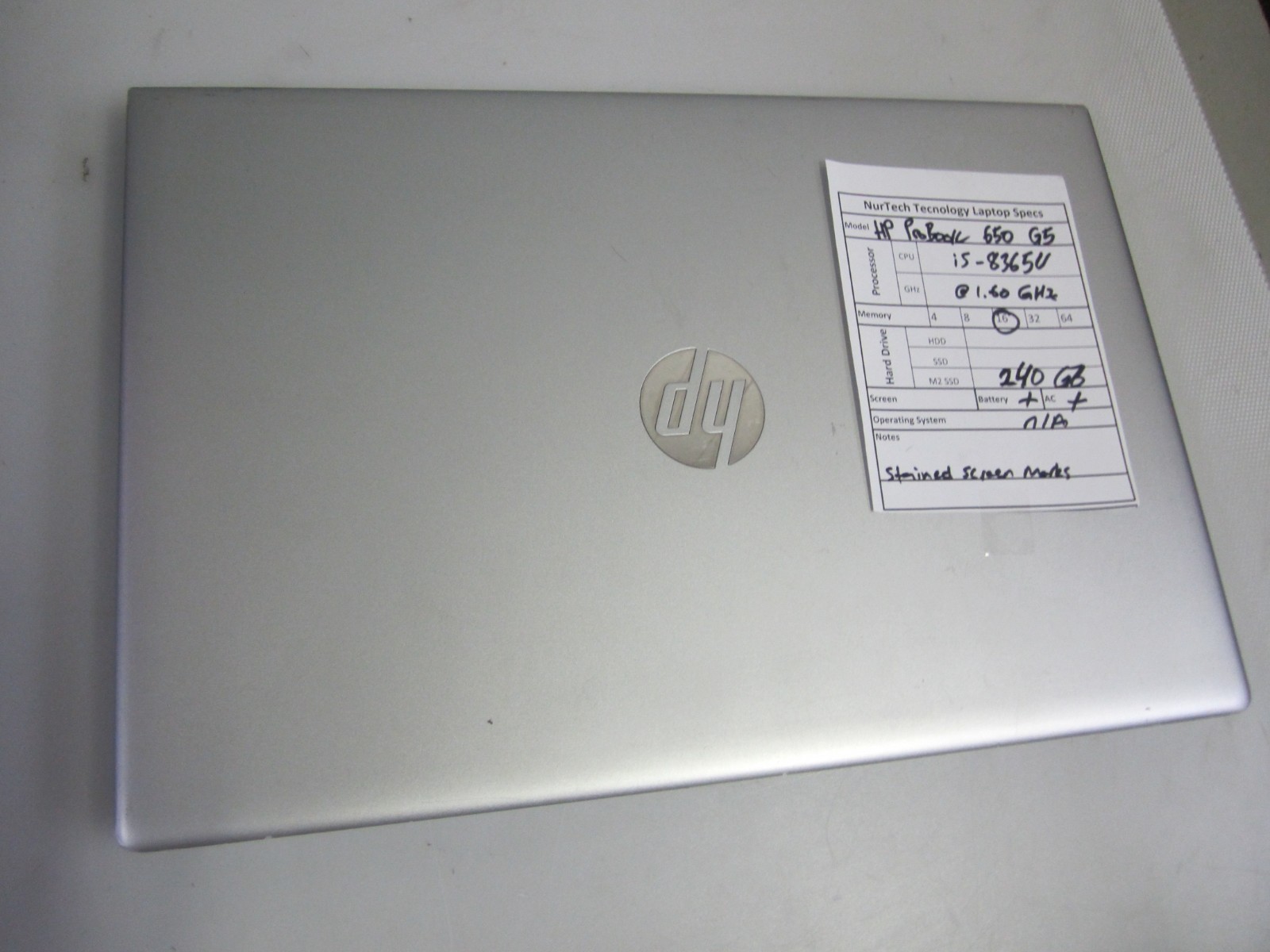HP ProBook 650 G5 i5-8365U 1.60GHz 16GB 240GB Laptop NO OS + AC READ