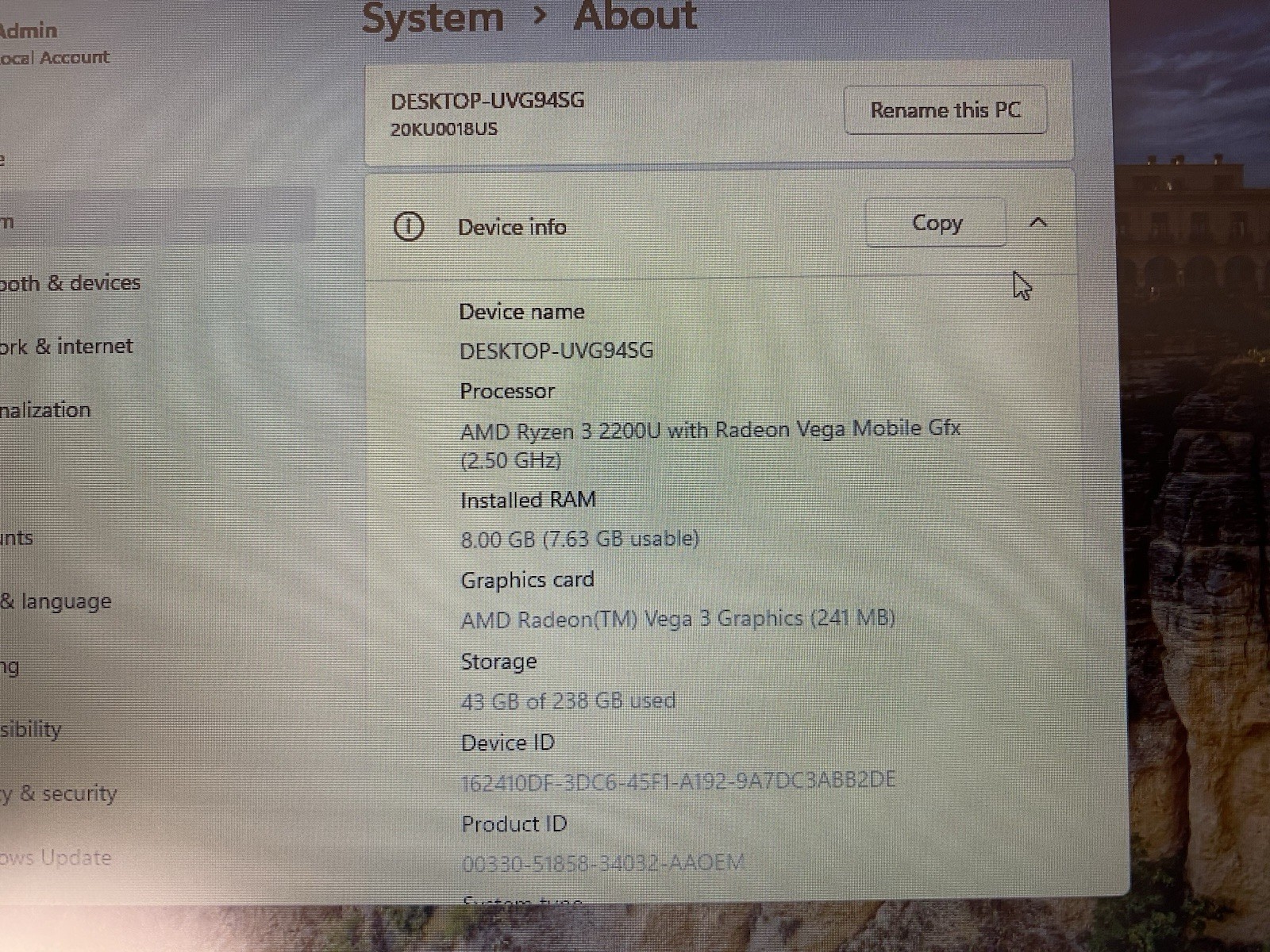 LENOVO THINKPAD E585 AMD RYZEN 3 2200U 2.5GHz 8GB RAM 256GB SSD Windows 11 Pro