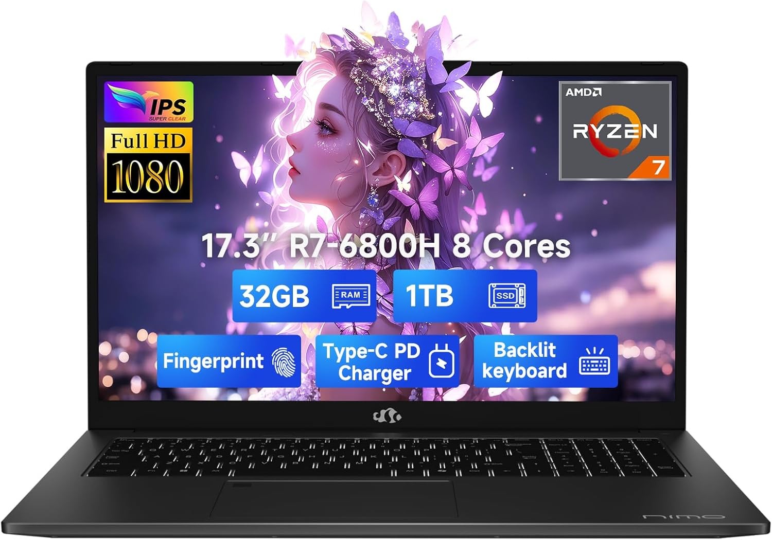 NIMO 17.3 IPS FHD Gaming Laptop 8 Cores AMD Ryzen 7 6800H 32GB DDR5 RAM 1TB SSD