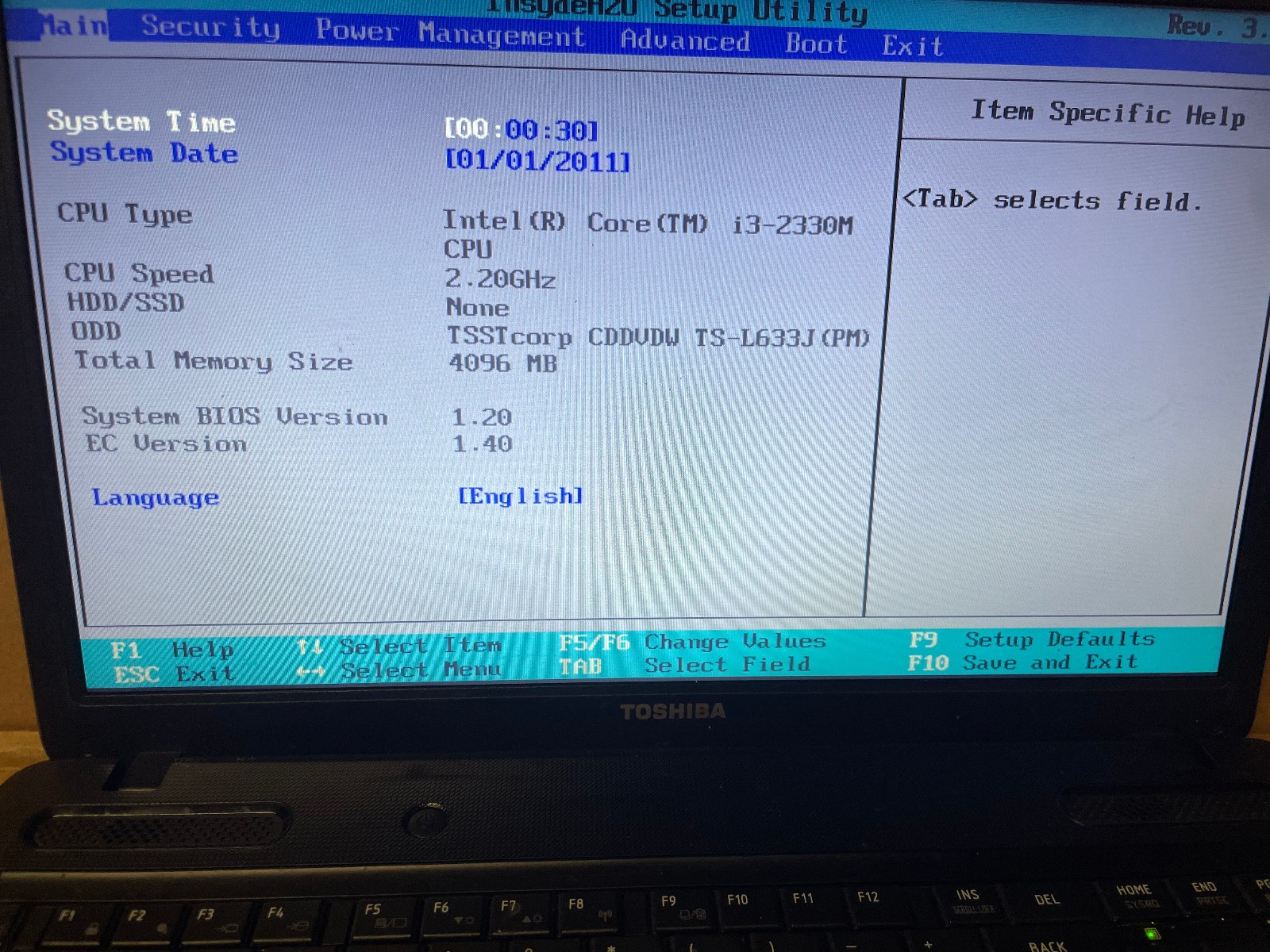 TOSHIBA SATELLITE C655-S5305. Core i3-2330M @ 2.20GHz. 4GB. NO HDD. READ.