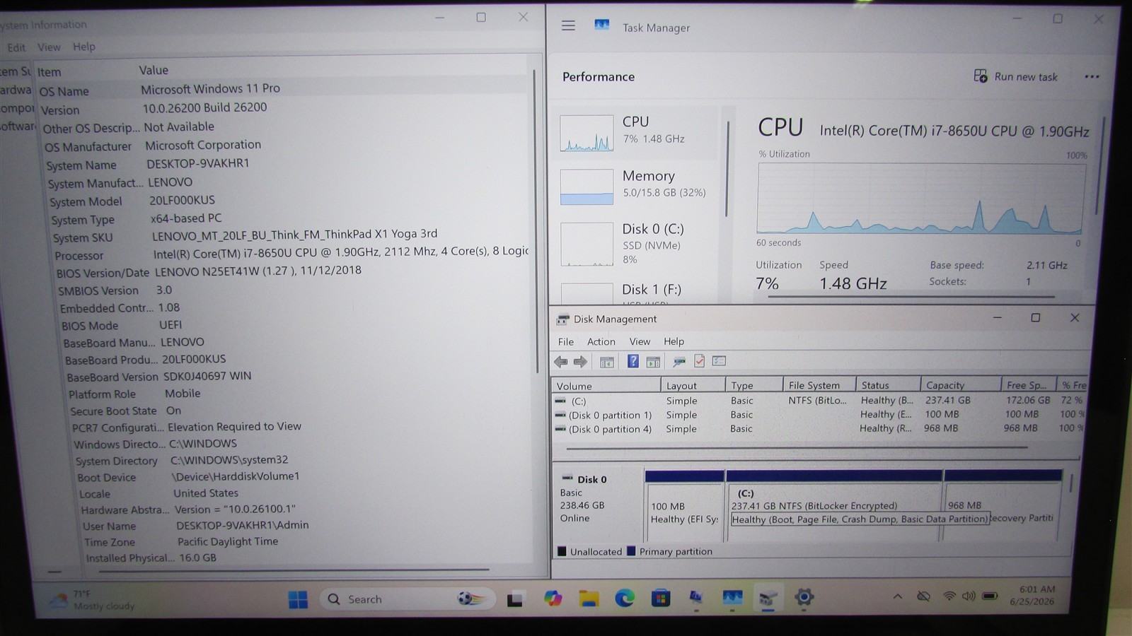 Lenovo Thinkpad X1 Yoga i7-8650U 1.9GHz 16GB RAM 256GB NVME 14″ W11 Pro COSM DMG
