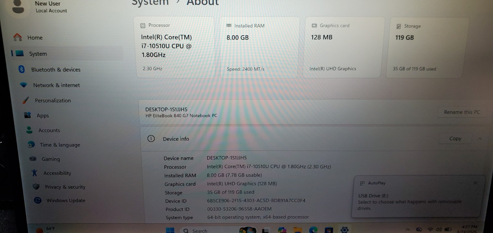 HP EliteBook 840 G7 Laptop 14″ Intel Core i7-10th Gen 8GB RAM 128GB SSD W11P FHD