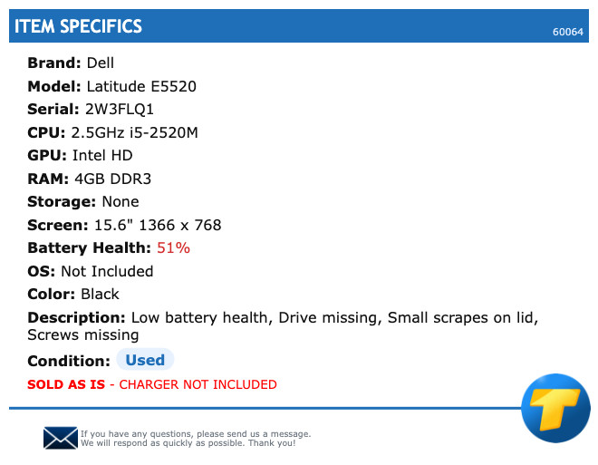 Dell Latitude E5520 – 15.6″ HD, 2.5GHz i5, 4GB RAM, No Storage