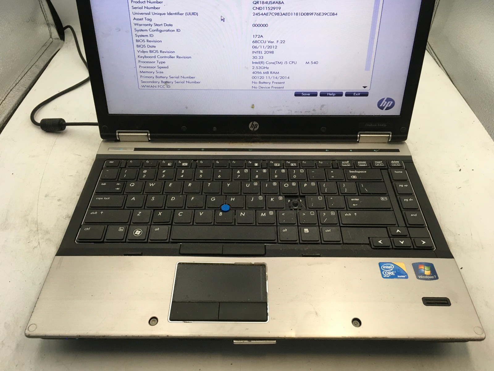 HP ELITEBOOK 8440P – BOOTS TO BIOS – INTEL I5 M540 – 4GB RAM – 14″ -READ DESC-BB