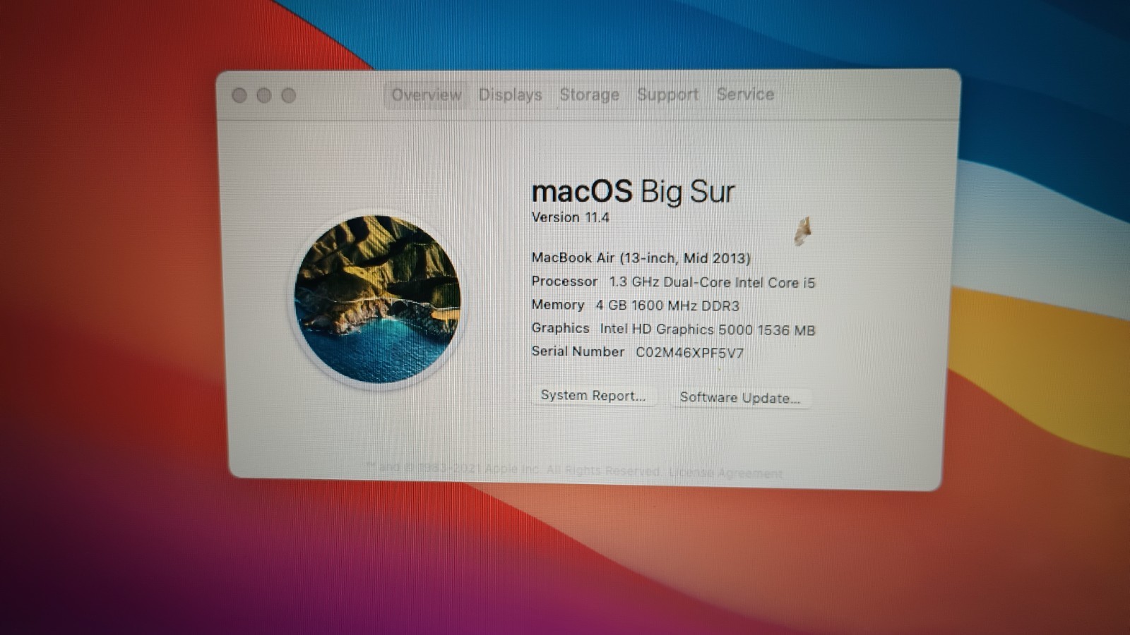 7093 MacBook Air A1466(No charger, No battery).i5.4GB.120GB SSD.13.3″.Big Sur.