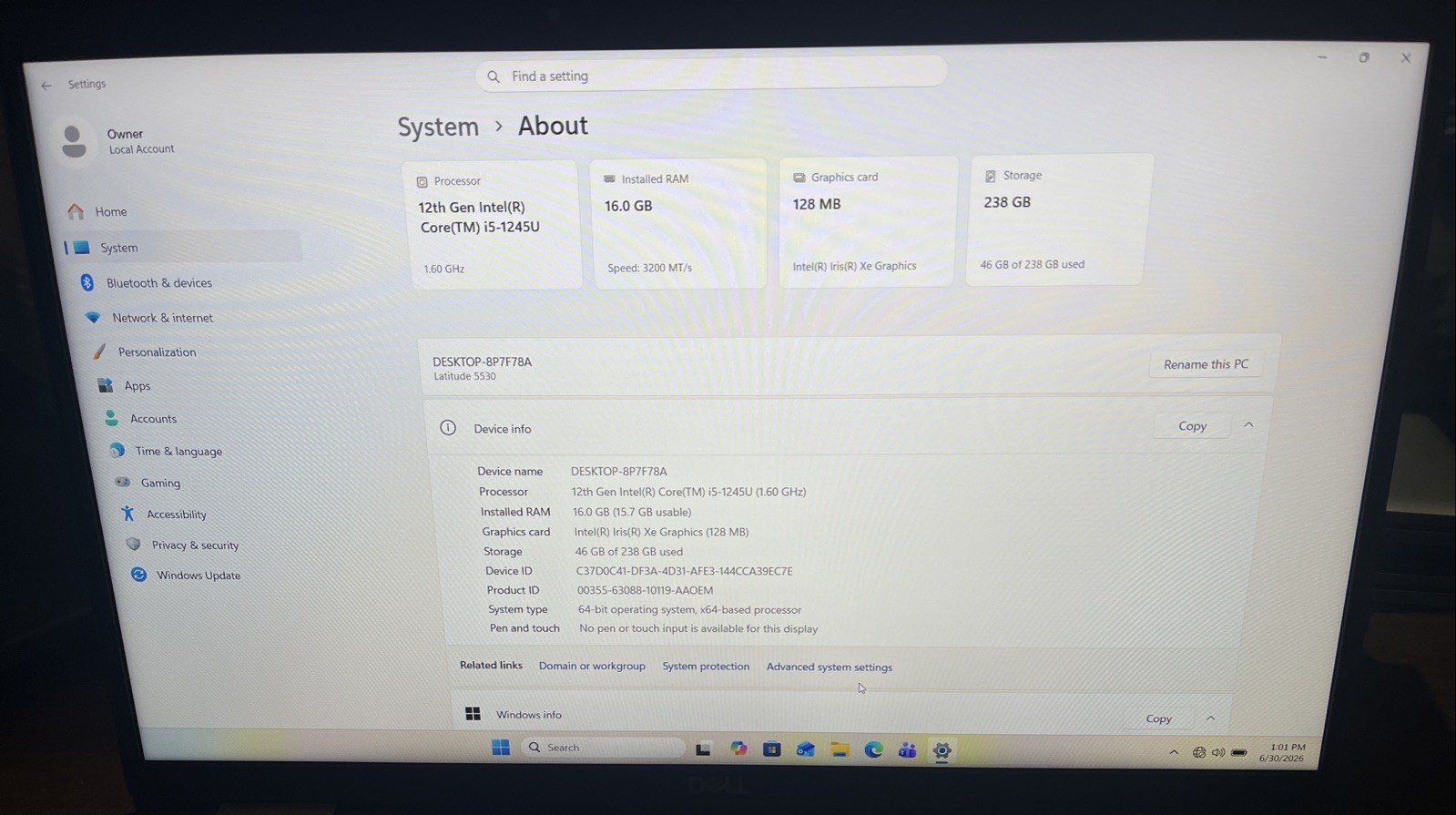 Dell Latitude 5530 15″ i5-1245U@1.6GHz, 16GB RAM, 256GB M2, Win 11 Pro *READ*