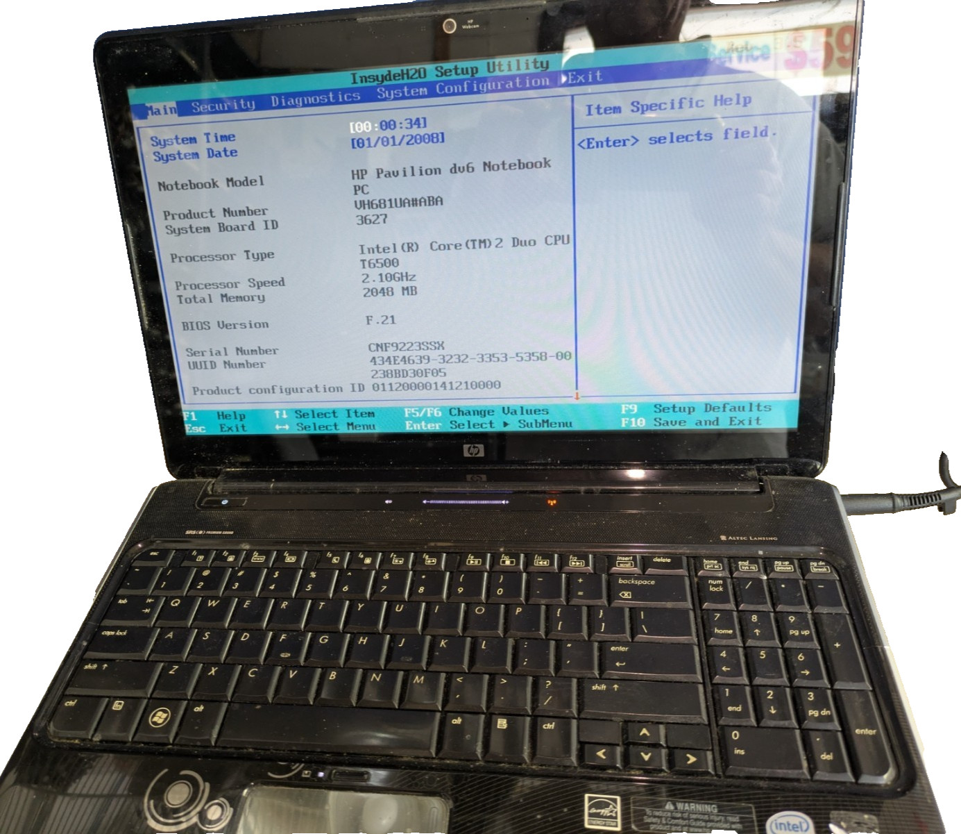 HP Pavillion dv6-6110US Laptop – AMD A6 3400Ms POST to BIOS, 2GB, no SSD, PS DVD