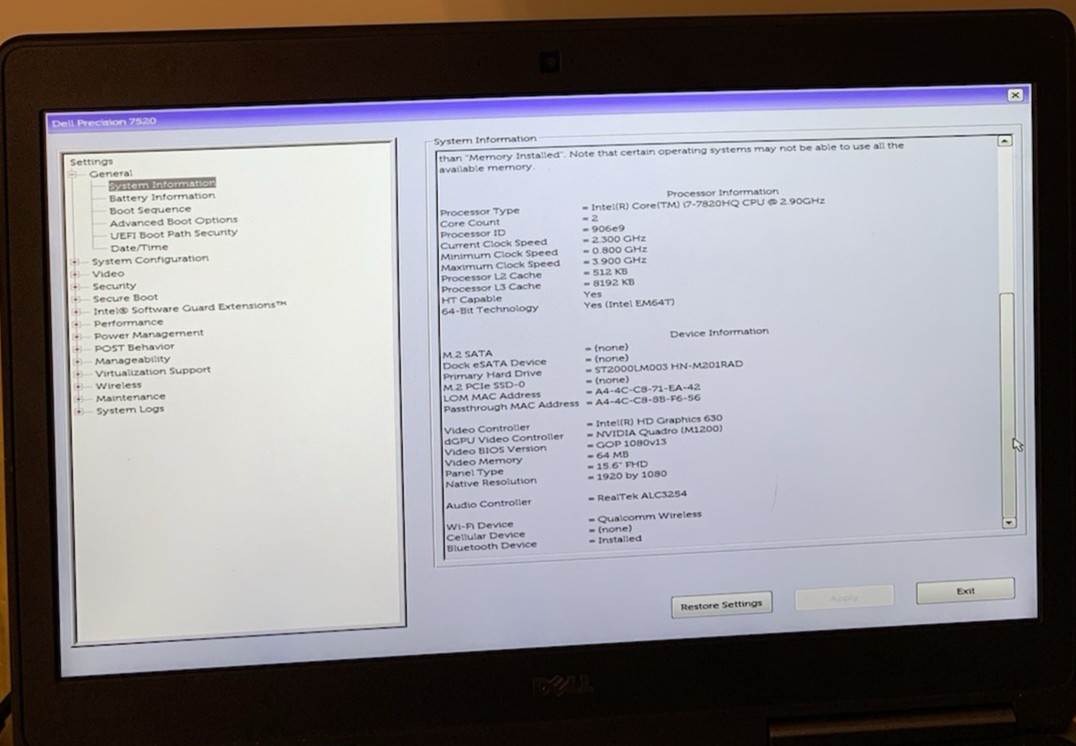 Dell Precision 7520 Workstation 15.6″ Core i7-7820HQ 2.90GHz 16GB Ram 2 TB HDD