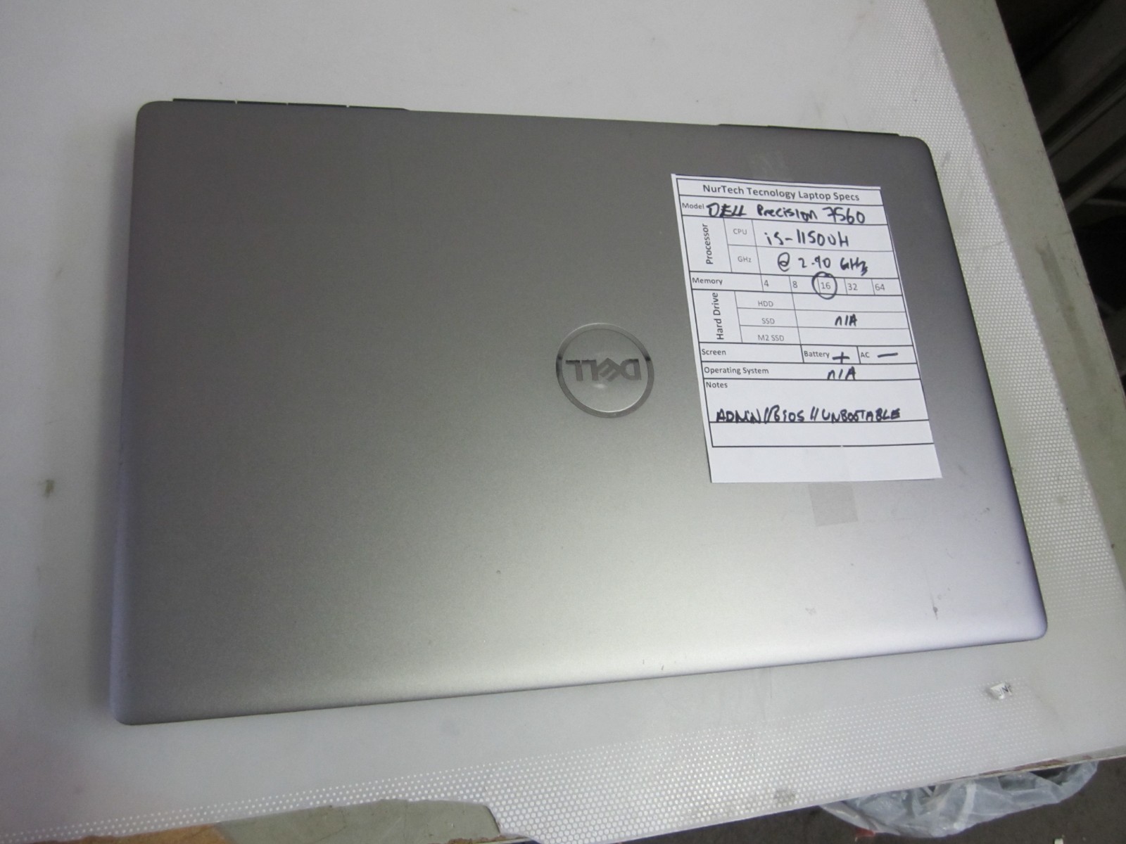 DELL PRECISION 7560 i5-11500H 2.9GHz 16GB Laptop NO OS/HDD/AC BIOS