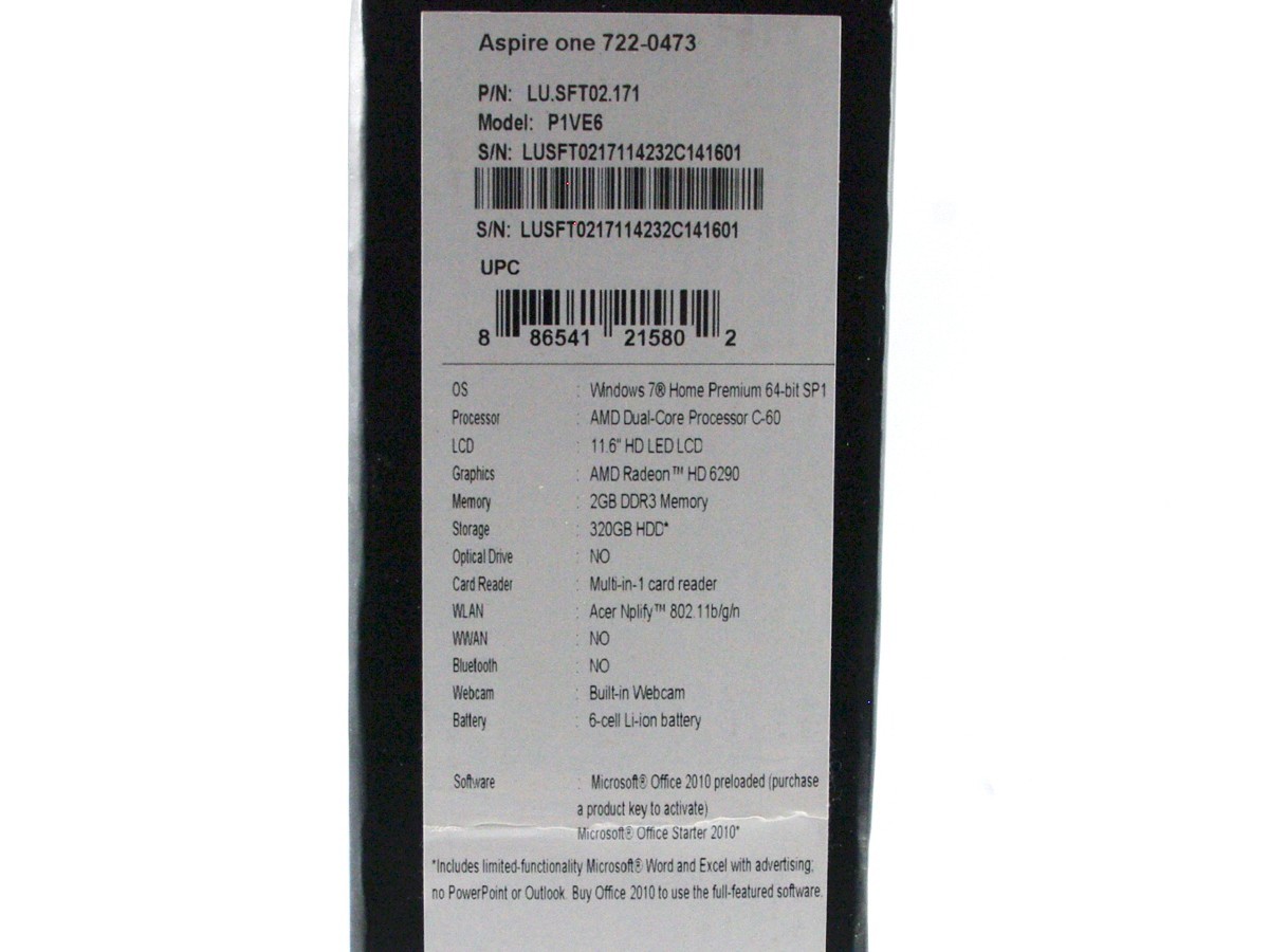 ACER AspireOne 722 250GB HDD 2GB RAM- Original Box, Reset to Factory Condition