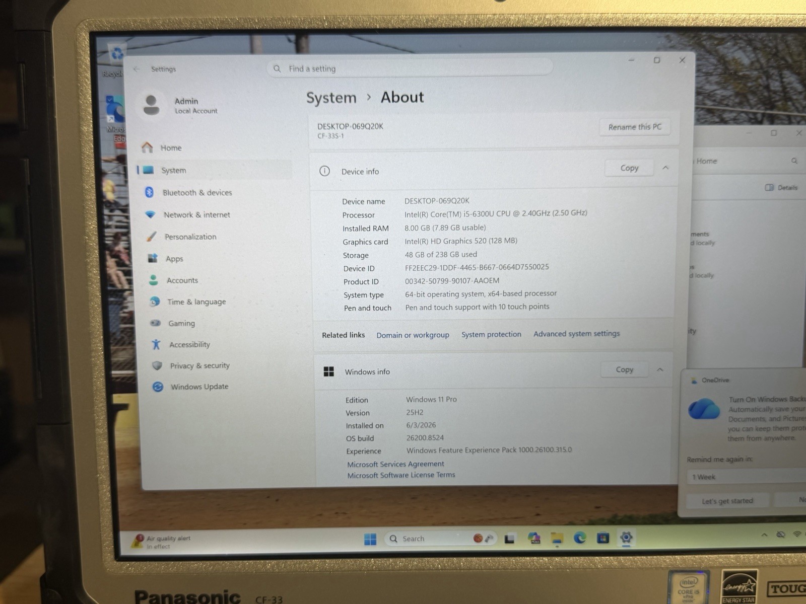 Panasonic ToughBook CF-33 i5-6300U 8GB Ram 256 SSD Win11 Pro. Touchscreen