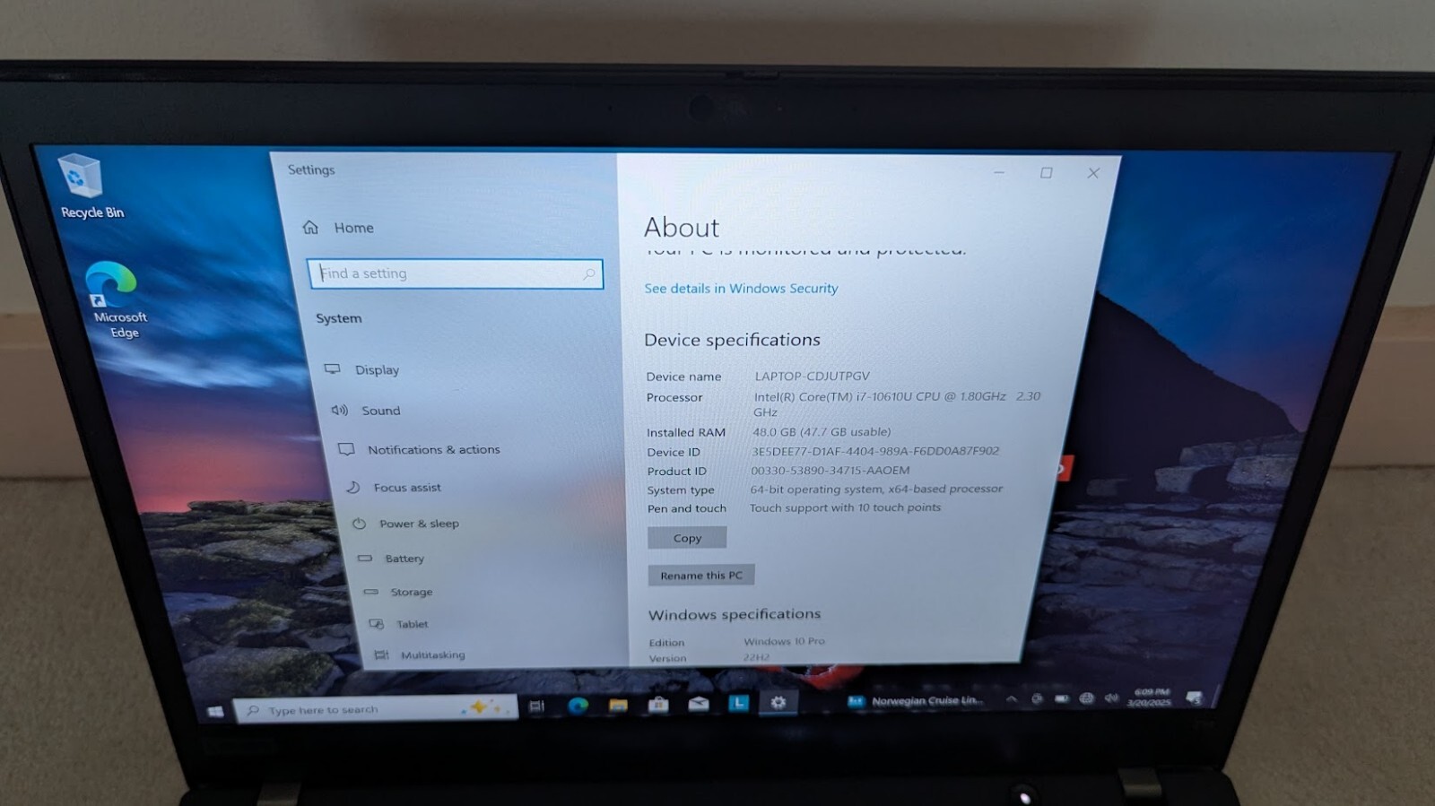 Lenovo T14 G1 i7-10610U 48GB RAM/500 GB SSD – Win 10 Pro TOUCHSCREEN