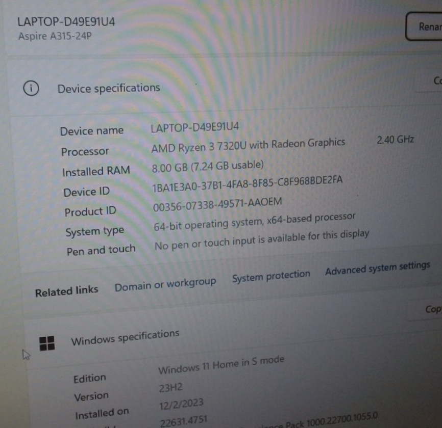 Acer Aspire 3 15 A315-24P 15.6″ AMD Ryzen 3 7320U 8GB RAM 128GB SSD