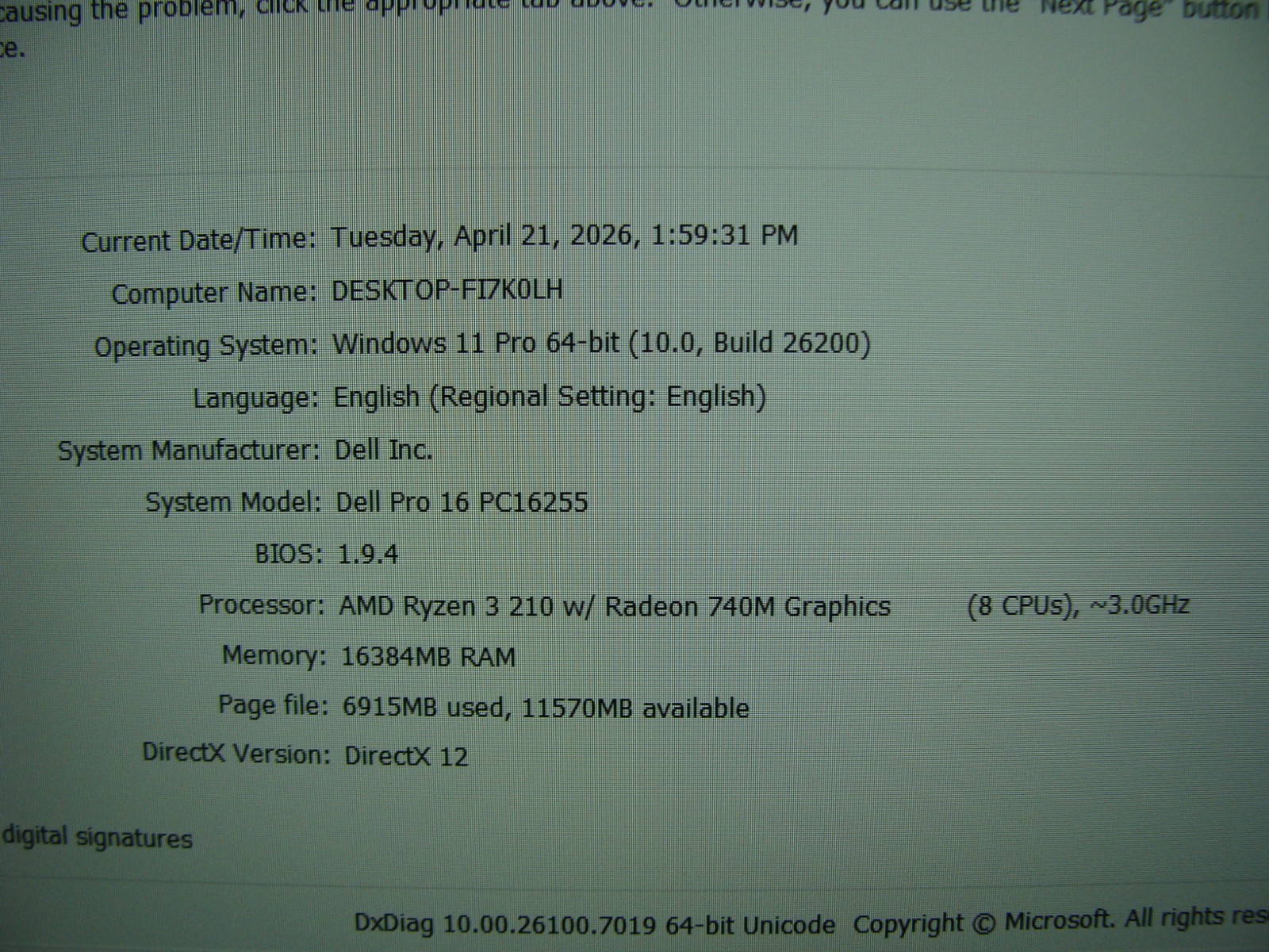 Dell Pro 16 PC16255 16″FHD+ AMD RYZEN 3 310 3GHz 16GB 256GB 740M Win11Pro