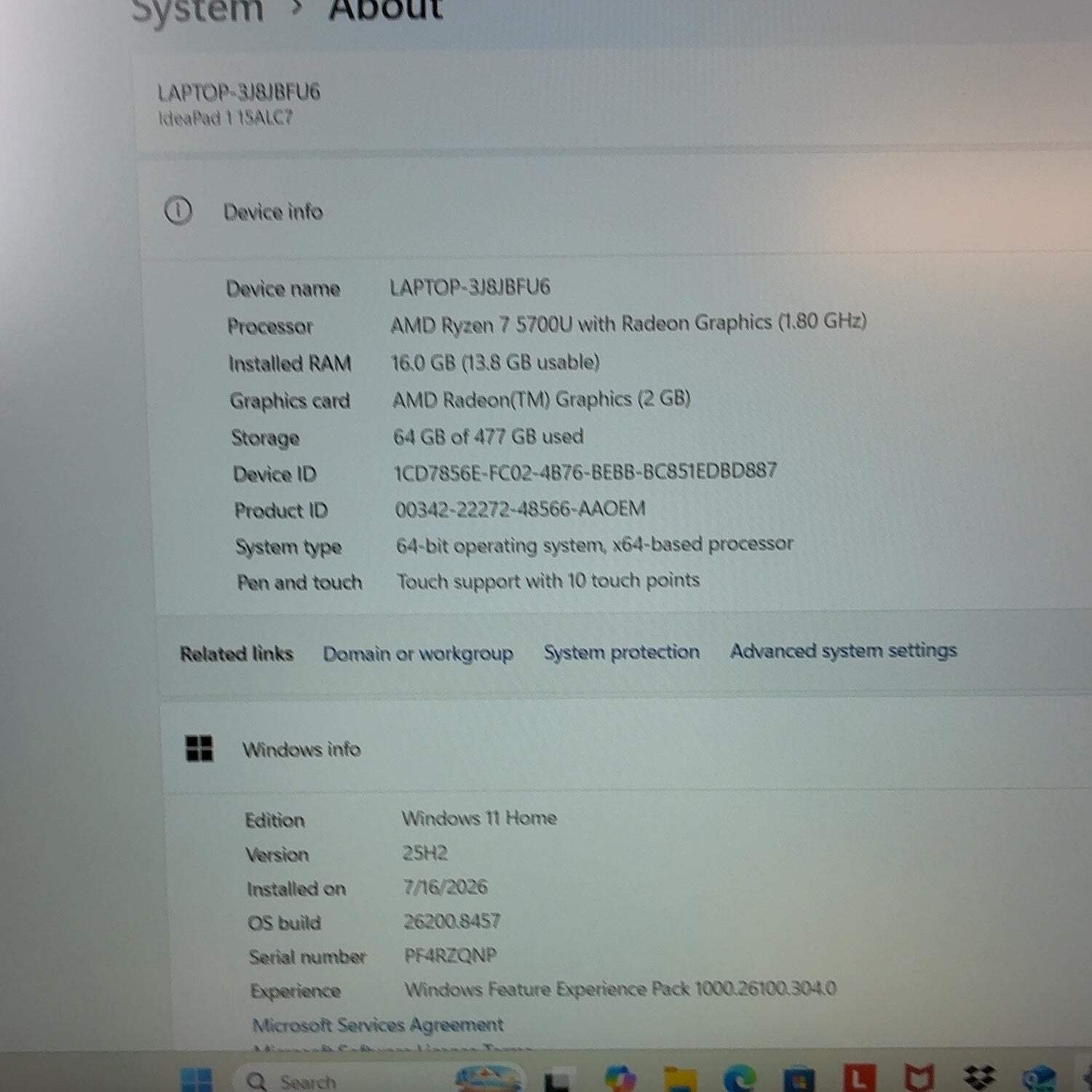 Lenovo IdeaPad 1 15ALC7 15.6″ Ryzen 7 5700U 1.8GHz 16GB RAM 512GB SSD