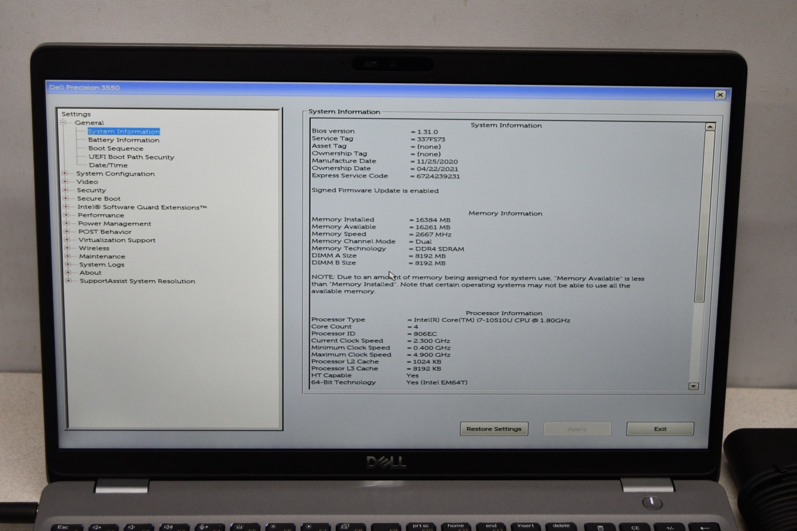 ^ Dell Precision 3550 15.6″ Intel i7-10510U @ 1.80GHz 16GB Ram No HD #X6997
