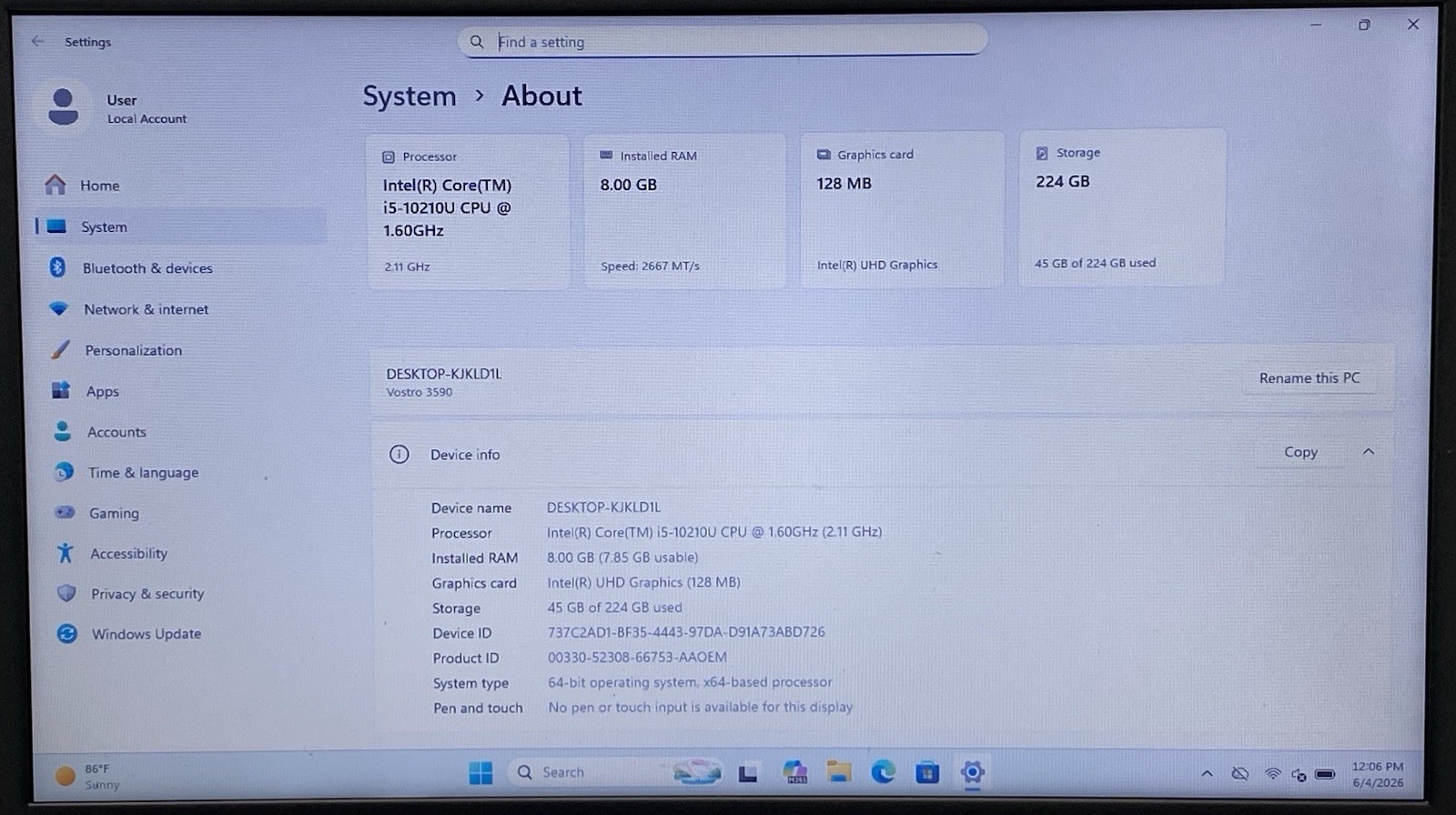 Dell Vostro 3590 15.6″ Core i5-10210U @ 1.60GHz 8GB RAM 256GB SSD Windows 11 Pro