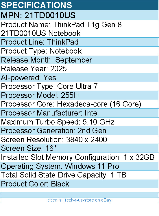 Lenovo 21TD0010US ThinkPad T1g Gen 8 16″ Notebook – Intel Core Ultra 7 2nd Gen
