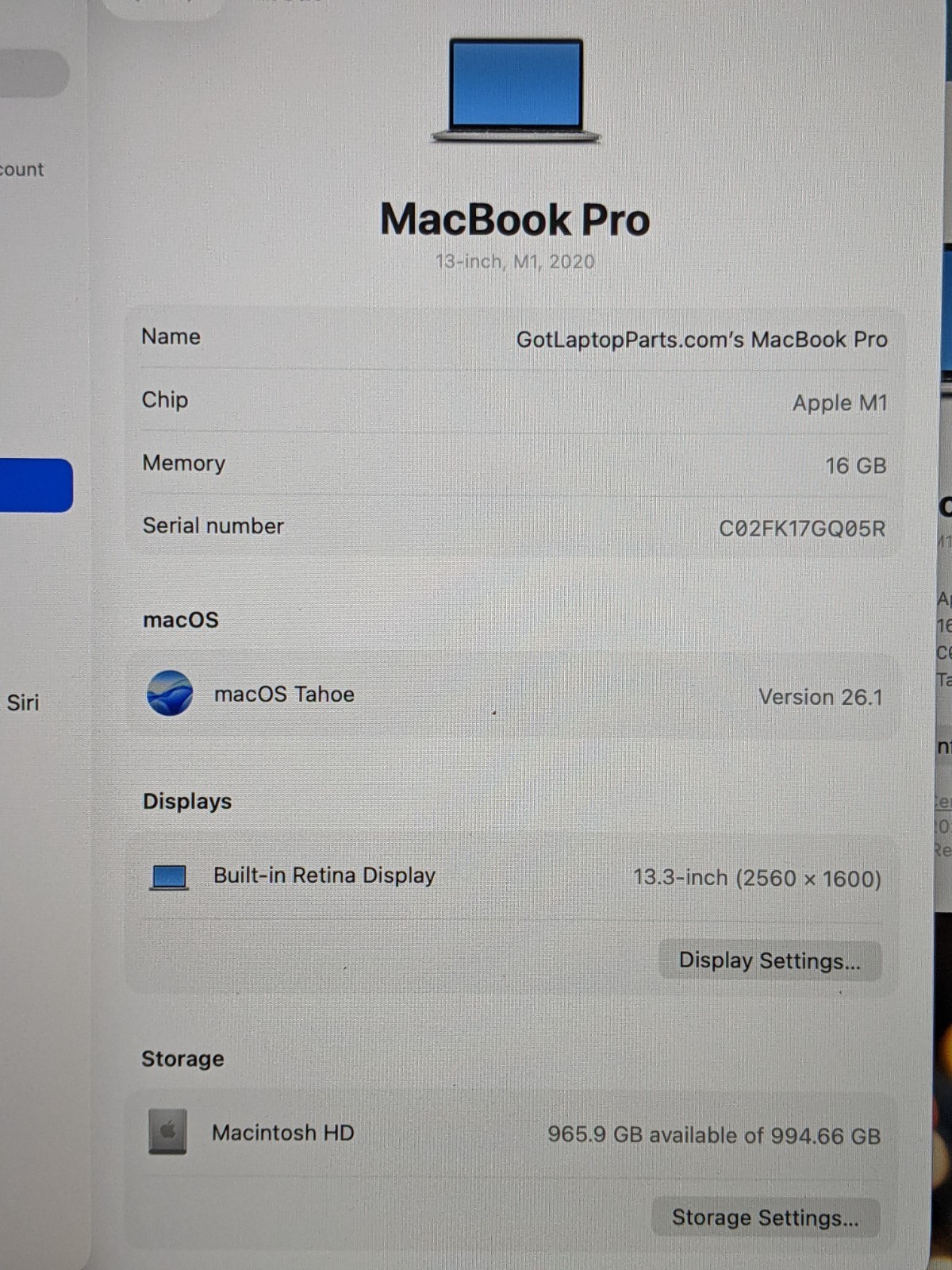 Apple MacBook Pro (2020) 13.3″ A2338 M1 8CPU/8GPU 3.2GHz 16GB 1TB OS Tahoe +PA