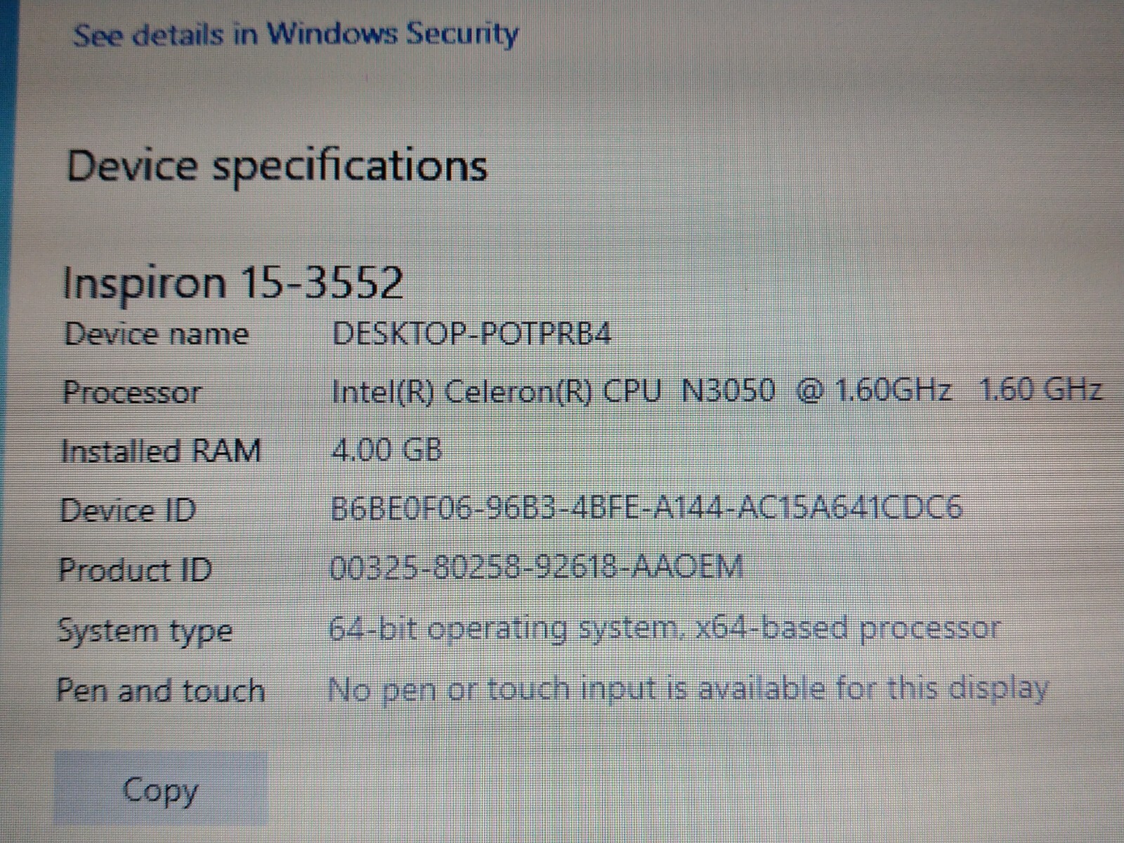 Dell Inspiron 15 3552 Laptop 15.6″ 450GB HDD 4GB RAM Intel Celeron N3050 Win