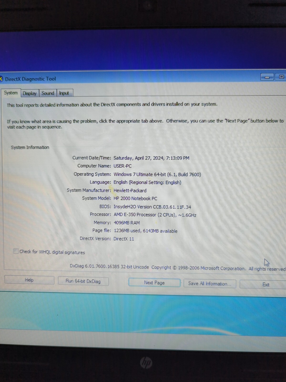 Hp 2000 Laptop (win 7,90gb SSD, 4gb Ram, E-350 Cpu, DVD, Wifi, Webcam)