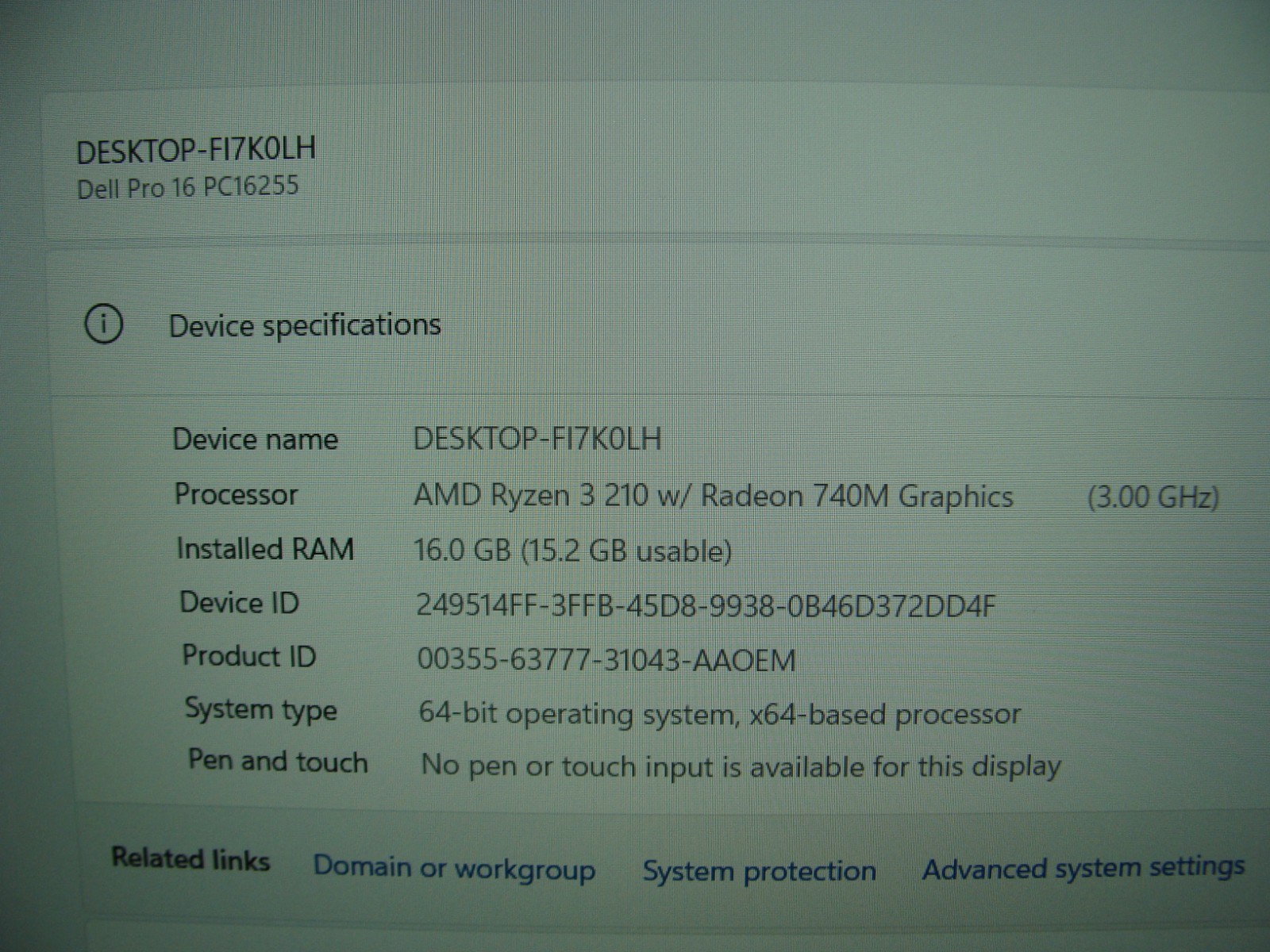 Dell Pro 16 PC16255 16″FHD+ AMD RYZEN 3 310 3GHz 16GB 256GB 740M Win11Pro