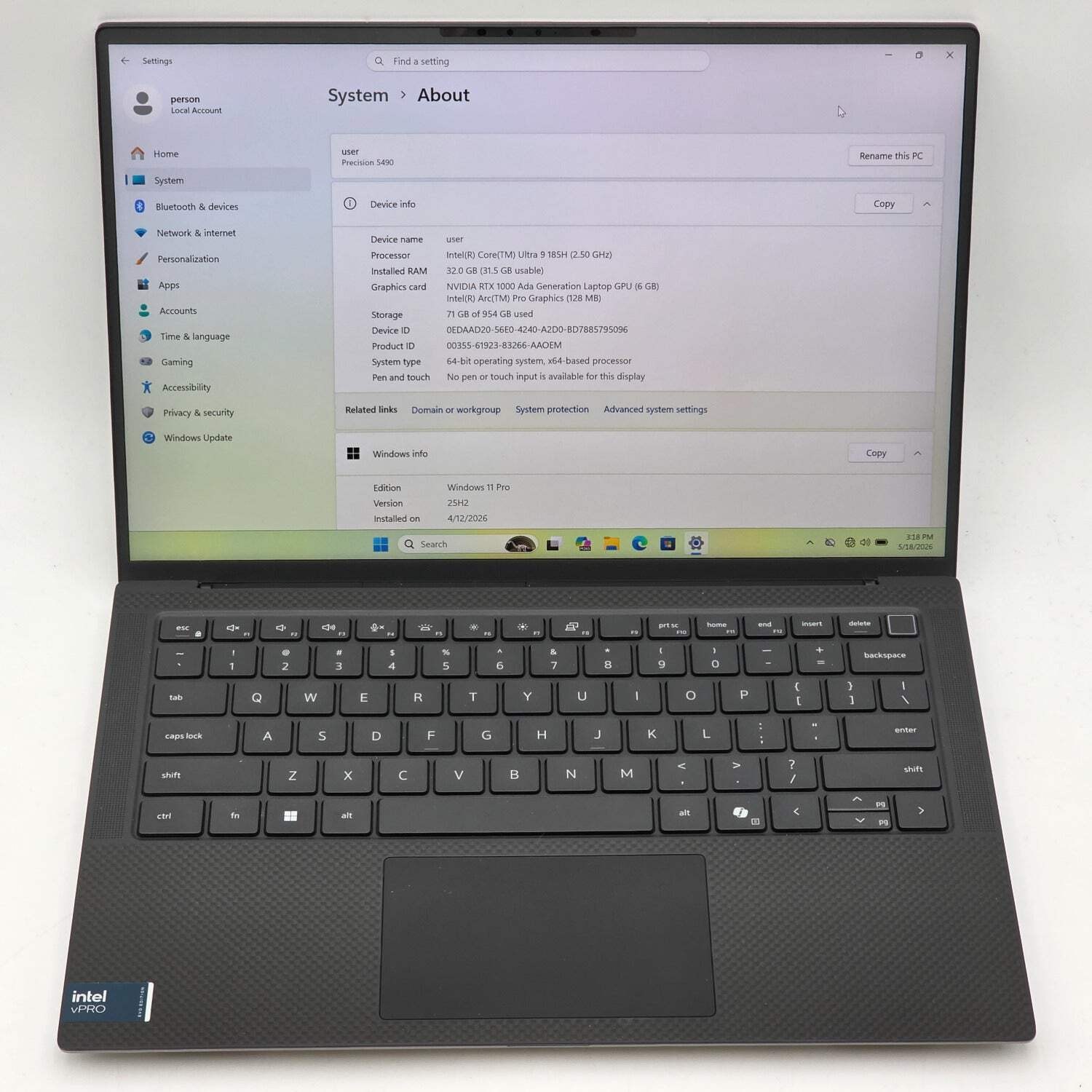 Dell Precision 5490 14″ Core Ultra 9 185H 2.5GHz 32GB RAM 1TB SSD RTX 1000 Ada