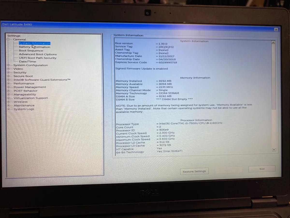 Dell Latitude 5480 i5-7300U 8GB RAM Laptop For Parts
