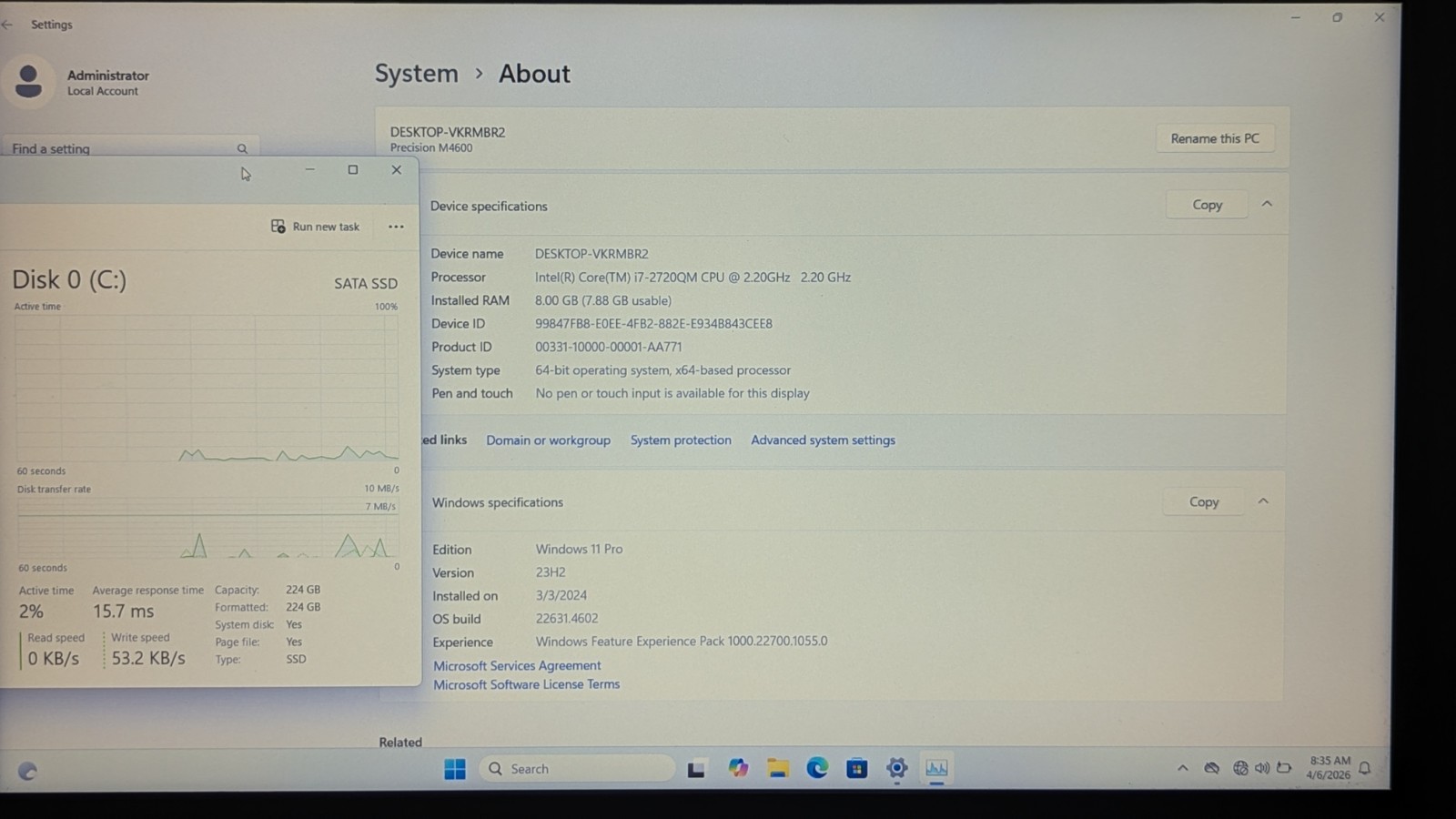 Dell Precision M4600 Quad Core i7-2720QM 2.2ghz 240gb SSD 8gb RAM Win11 Pro #4
