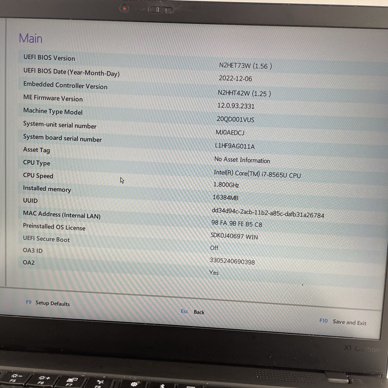 Lenovo ThinkPad X1 Carbon 7Gen i7-8565U 1.80 GHz 16 GB RAM No SSD/OS/AC/Batt