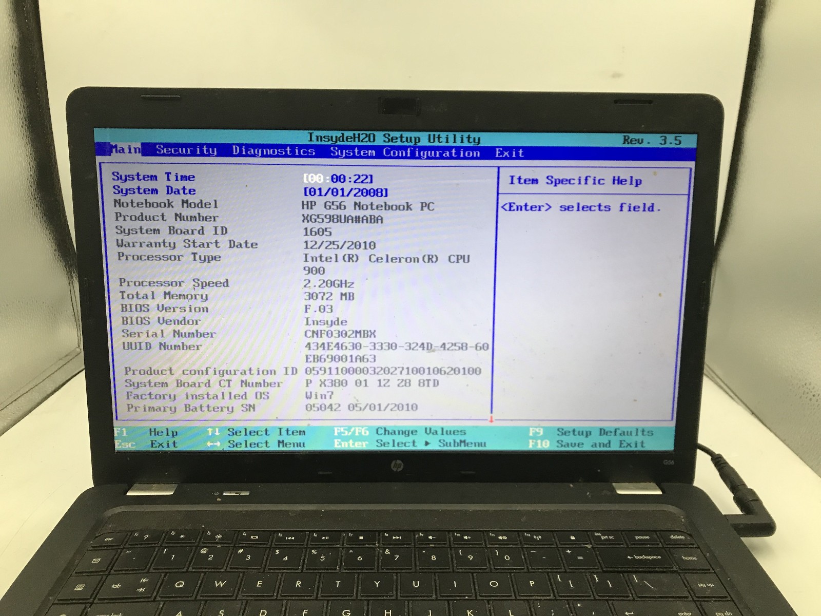 HP G56 129WM NOTEBOOK -BOOTS TO BIOS- INTEL CELERON 900 – 3GB RAM -READ DESC- BB