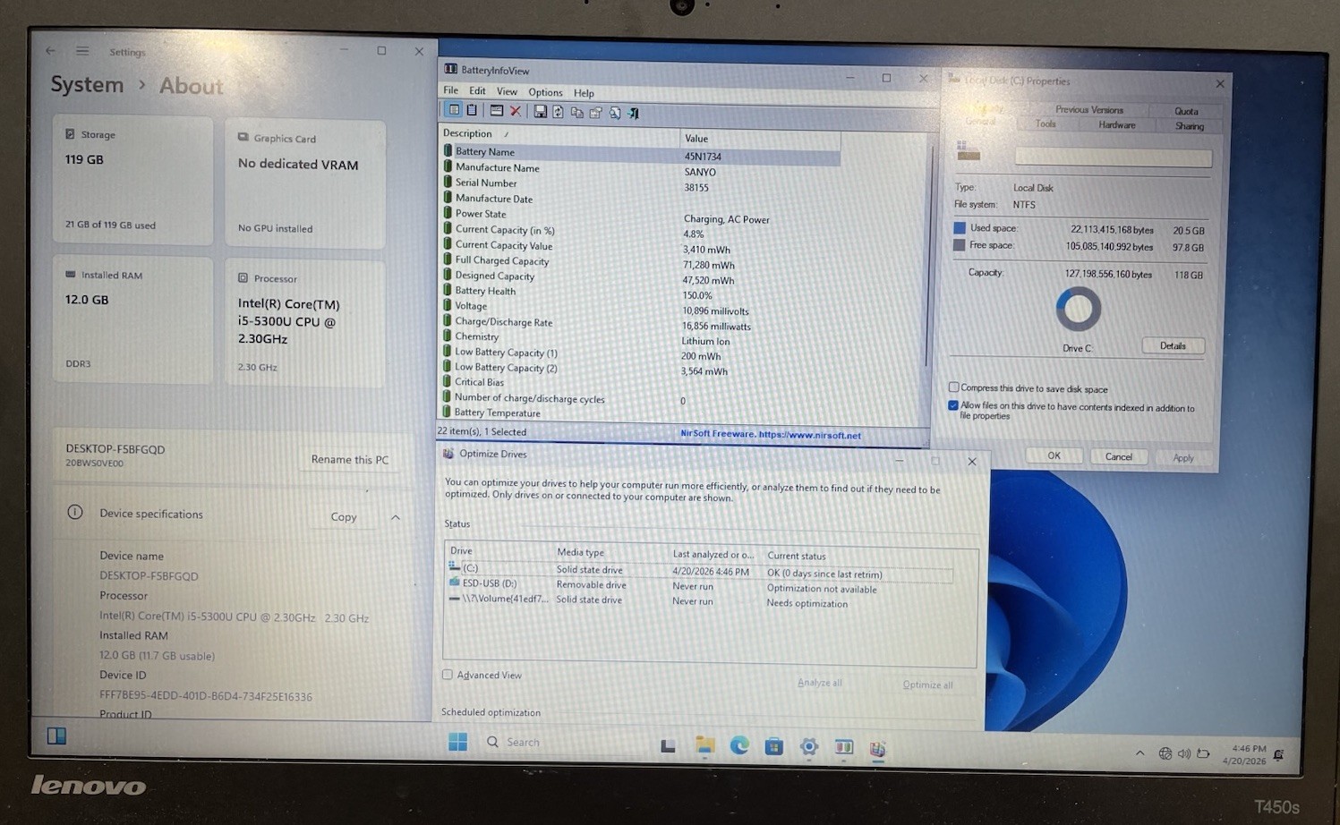 Lenovo ThinkPad T450s, Intel Core i5-5300U@2.30GHz, 12GB RAM, 128GB SSD, READ