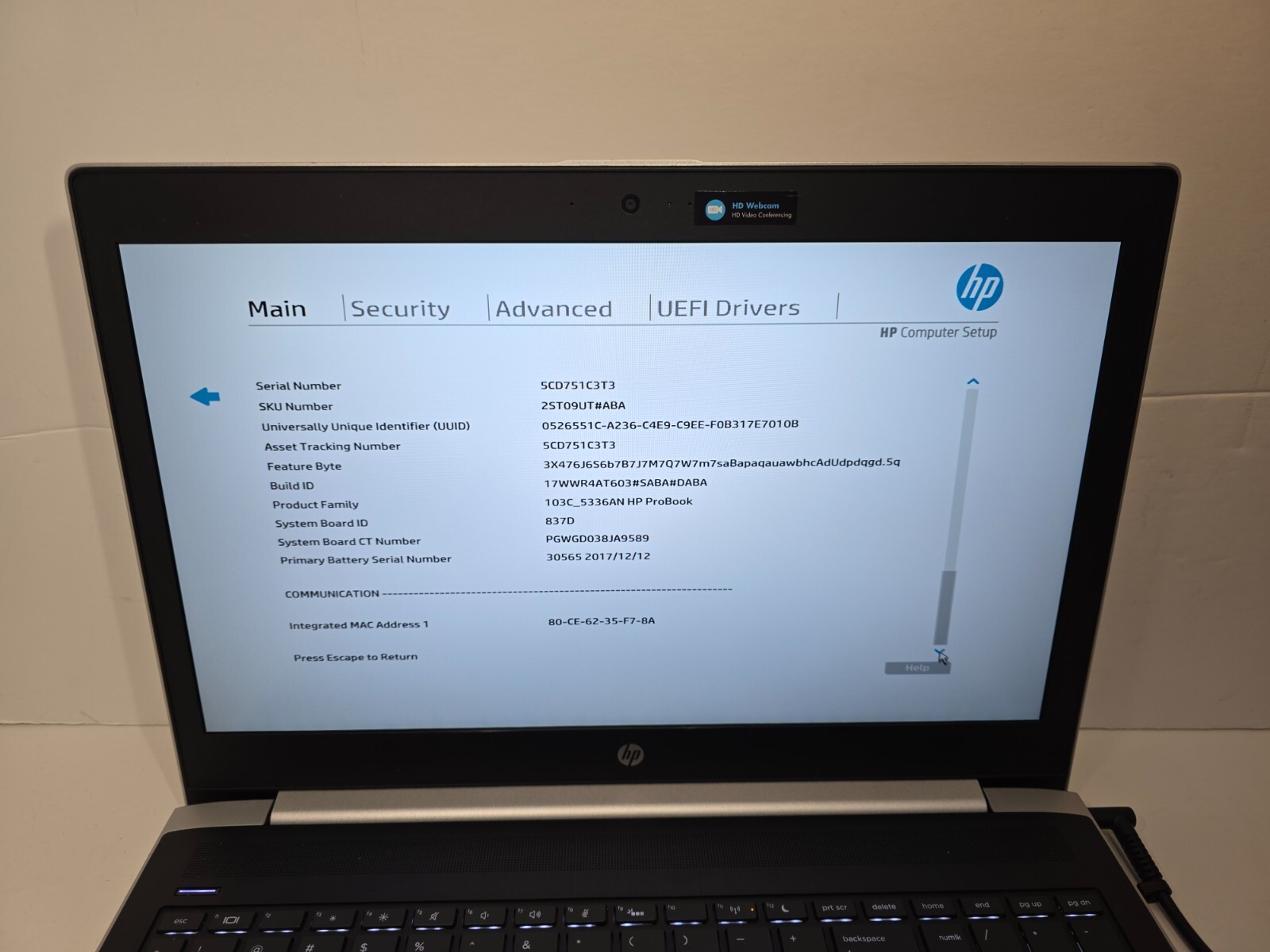 HP ProBook 450 G5 15.6″ / i5-8250U 1.60GHz / 8GB RAM DDR4 / NO SSD / NO CHARGER