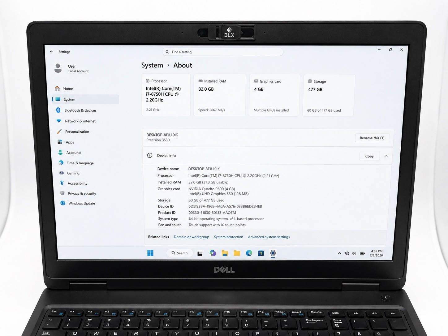 Dell Precision 3530 i7-8750H 32GB RAM 512GB SSD NVIDIA Quadro P600 Win11 Pro