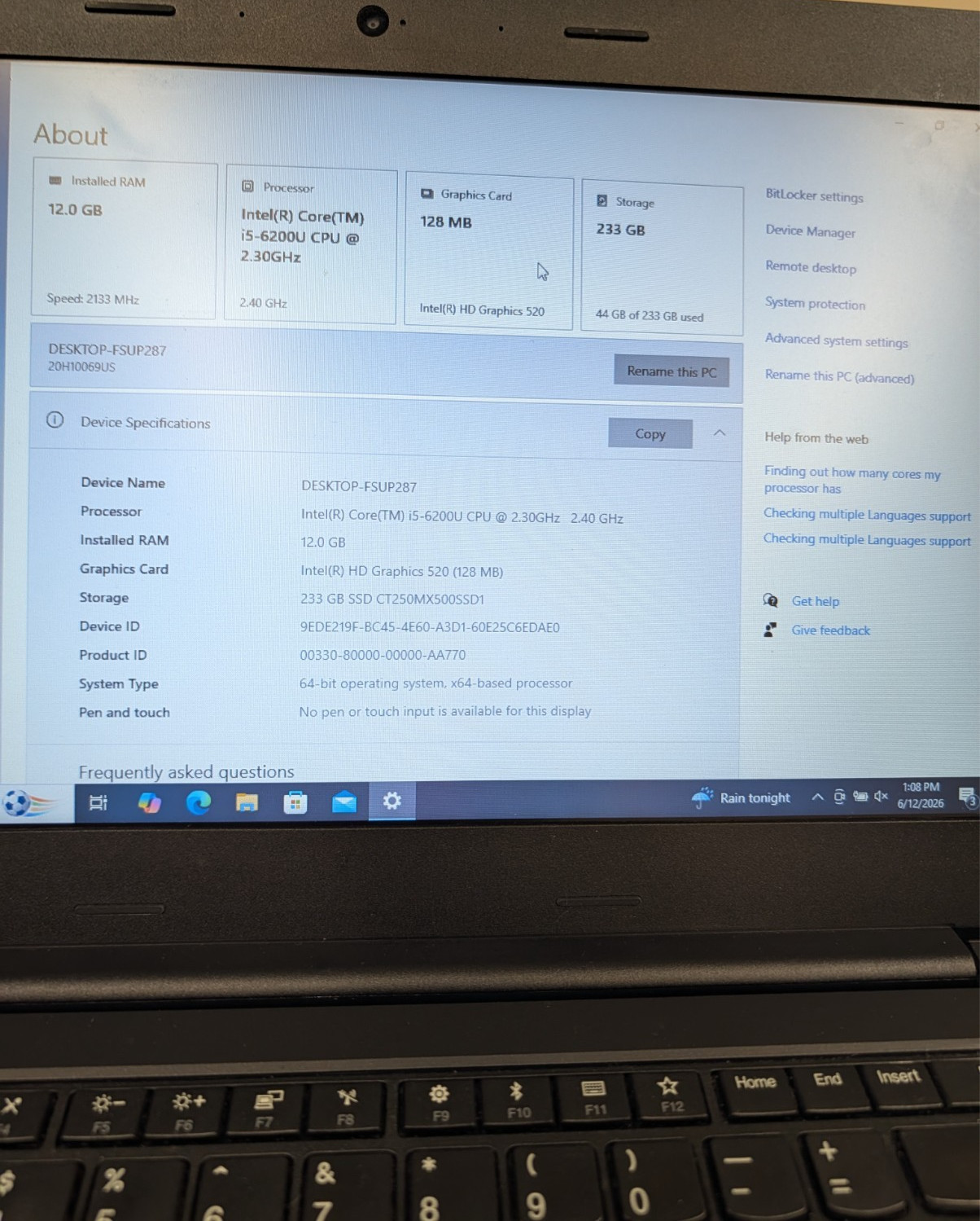 Lenovo ThinkPad E470, i5-6200U, 12GB RAM, 250GB SSD, Windows 10 Pro, 20H10069US