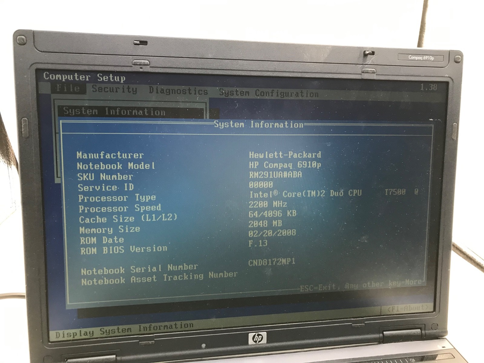 HP Compaq 6910p Intel Core 2 Duo 2.1GHz 14″ NO HDD-BOOTS BIOS, BAD LATCH-MZ