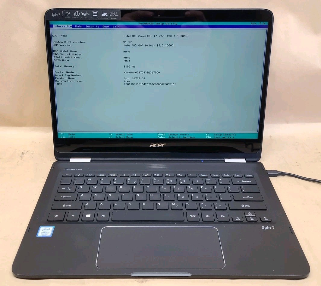 ACER Spin 7, Intel Core i7-7Y75 @ 1.3GHz, 8GB RAM, NO SSD, NO OS *READ*