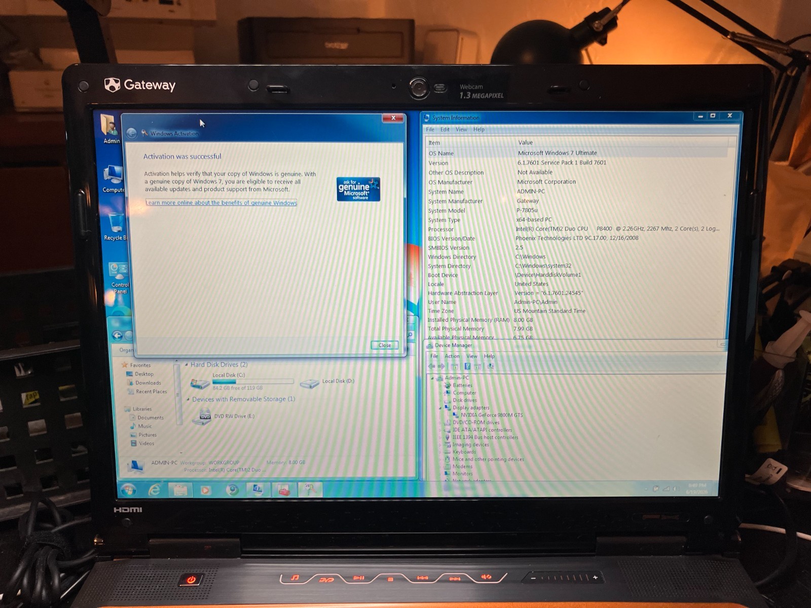 Gateway P-7805u 17″ Vintage Gaming Laptop C2D 2.26GHz 120GB SSD 8GB RAM NVIDIA 7
