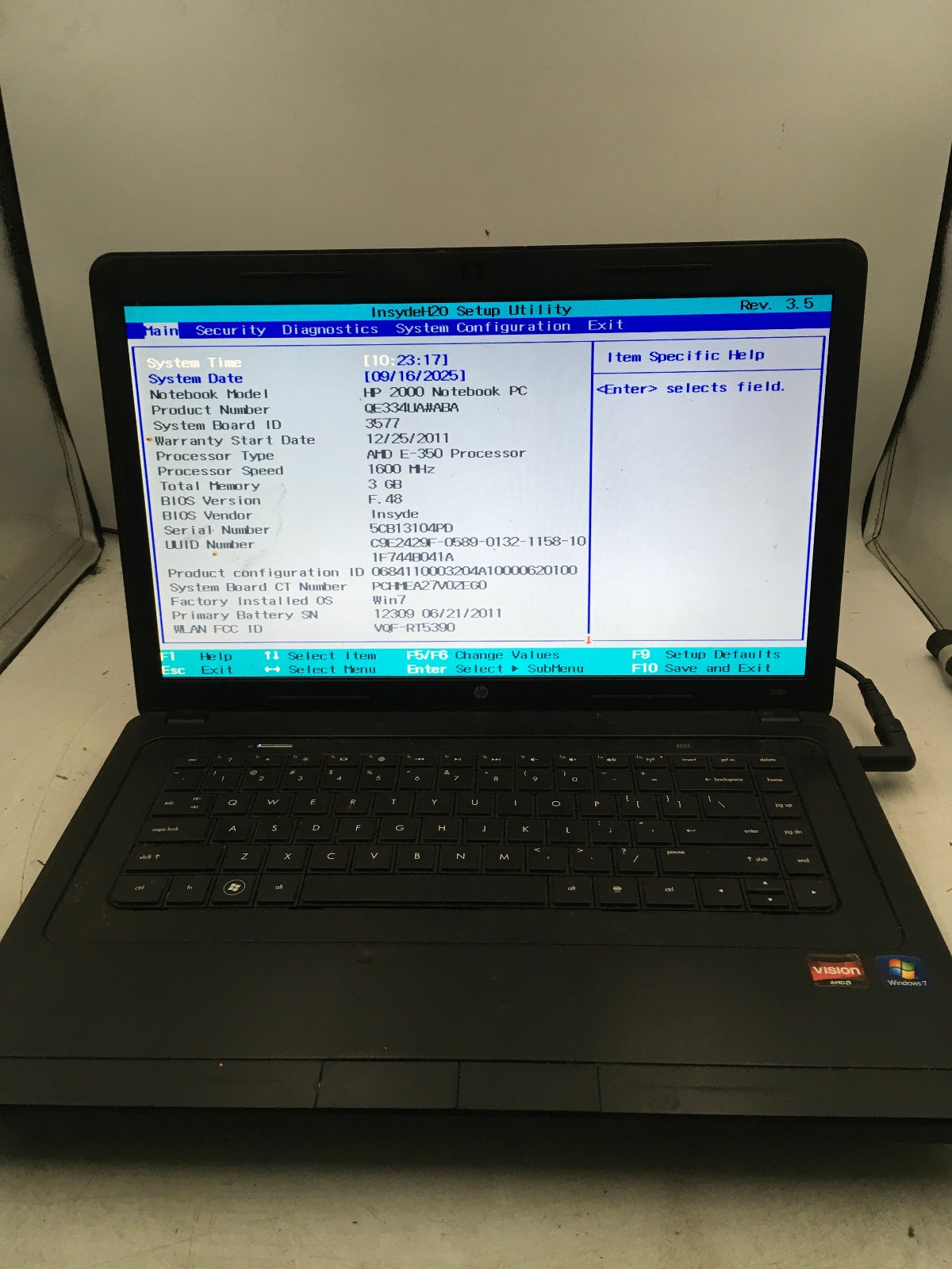 HP 2000 329WM – BOOTS TO BIOS – 4GB RAM – 15″ – AMD E350 – READ DESCRIPTION – BB