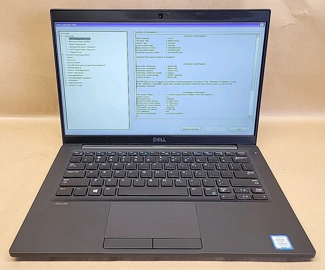 Dell Latitude 7380, Intel Core i5-7300U @ 2.6GHz, 8GB RAM, NO SSD, NO OS