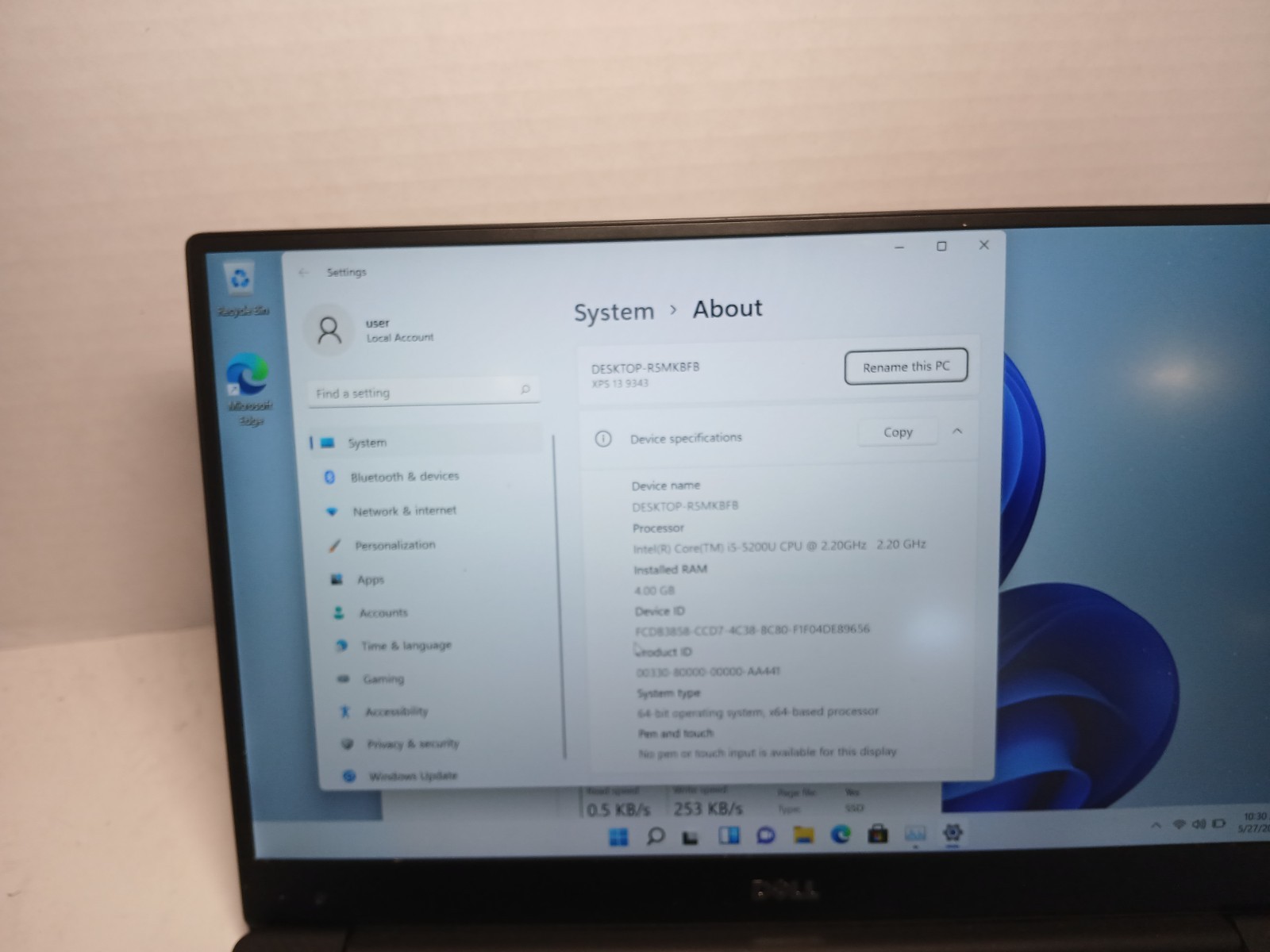 Dell XPS 13 9343 13.3″ i5-5200U 2.20GHz 4GB RAM 256GB SSD Win11 #97