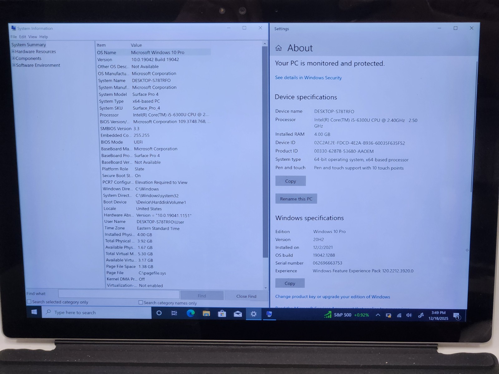 Microsoft Surface Pro 4 1724 12.3″ i5-6300U 4GB 128GB Win 10 w/ Keyboard 174 cyc