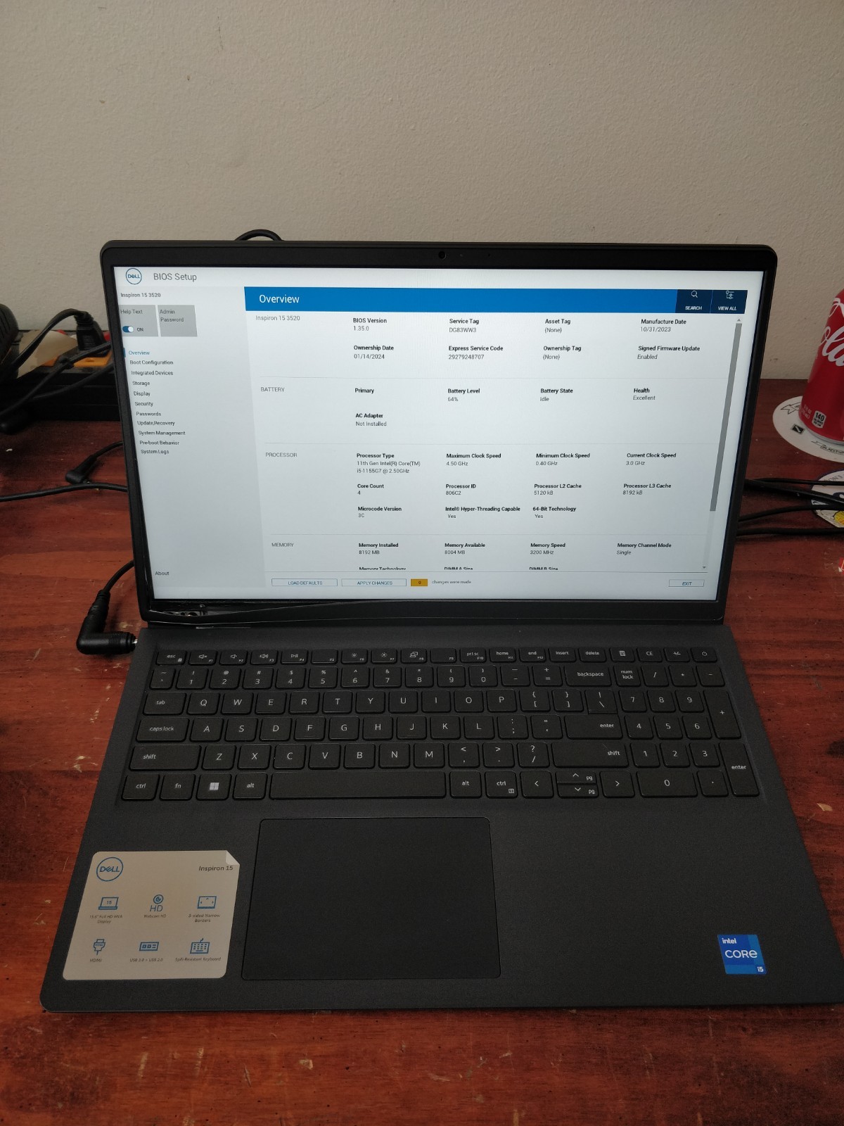 Dell Inspiron 15 3520 INTEL CORE I5-1155G7@2.40GHz 8GB RAM NO DRIVE PARTS 8978
