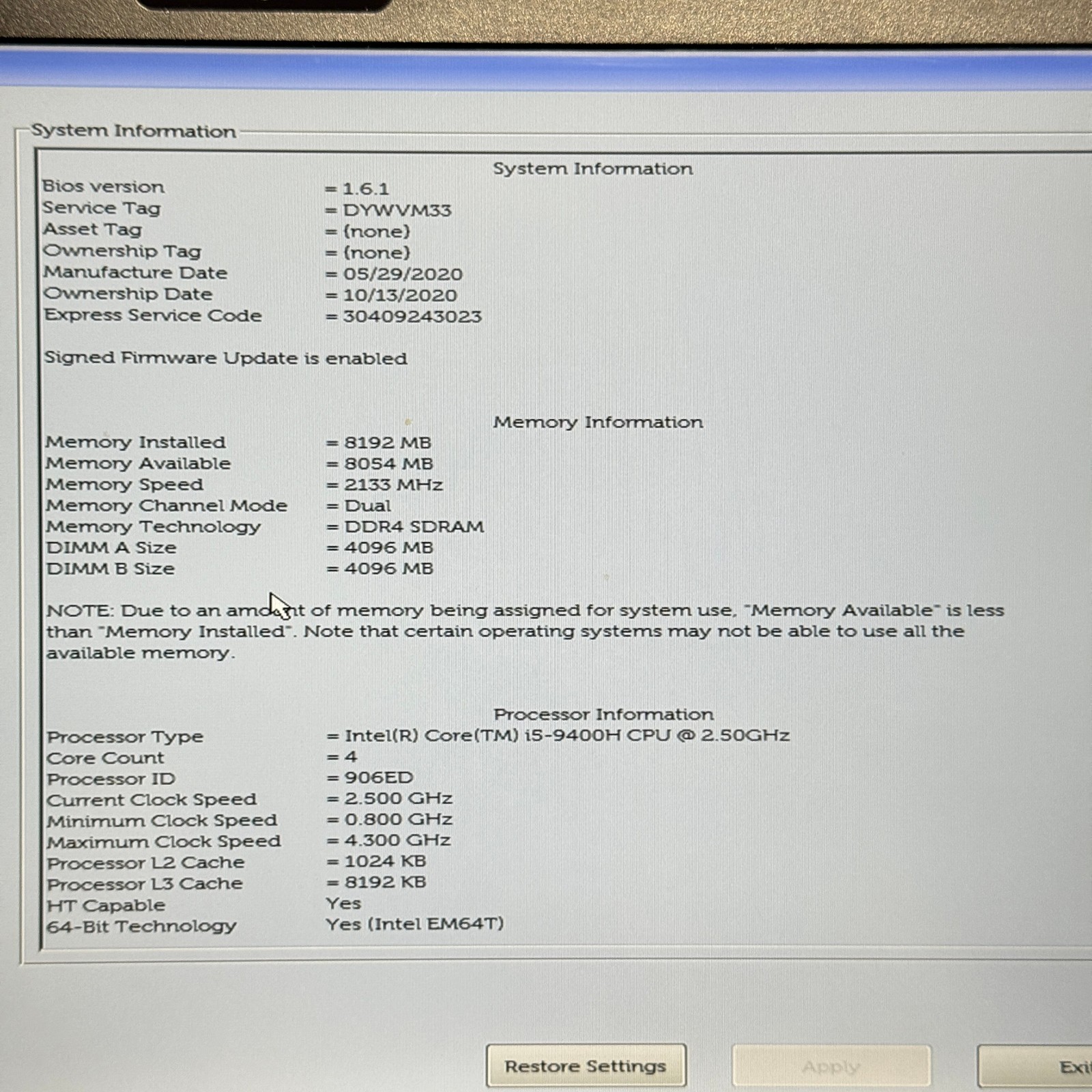 Dell Latitude 5401 14″ FHD i5-9400H 8GB RAM 256GB SSD | Charger Included | No OS