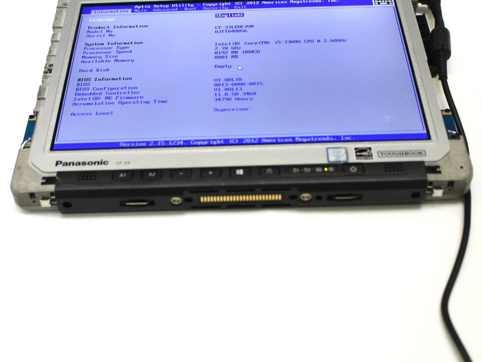 Panasonic Toughbook CF-33 Tablet MK1 I5-7300U 8GB, NO HD, NO BATTERY, NO ADAPTER