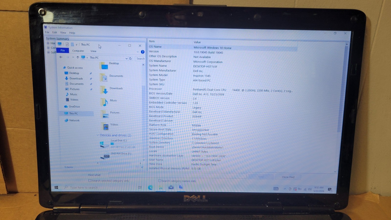 Dell Inspiron 1545 15.6″ Laptop Pentium T4400 2GHz 8GB RAM 500GB HDD Win 10