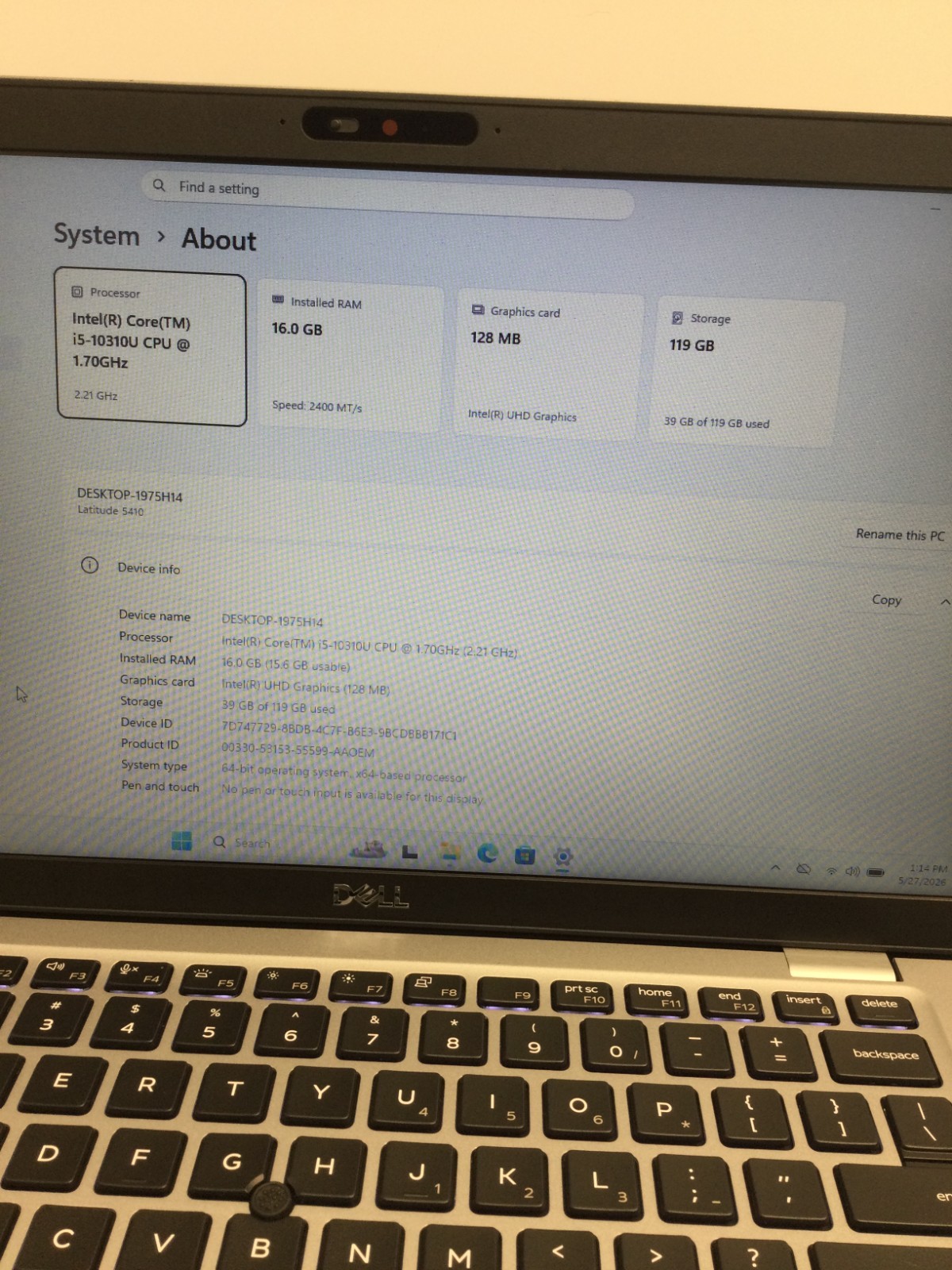 Dell Latitude 5410 14″ (128GB SSD, Core i5-10310U, 1.70GHz, 16GB) WIN 11 PRO