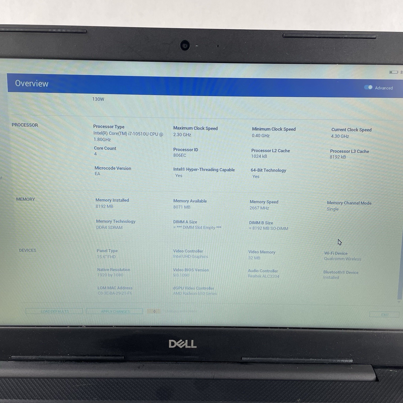Dell Vostro 3590 15.6″ i7-10510U 4.30 GHz 8 GB RAM No SSD No OS No AC